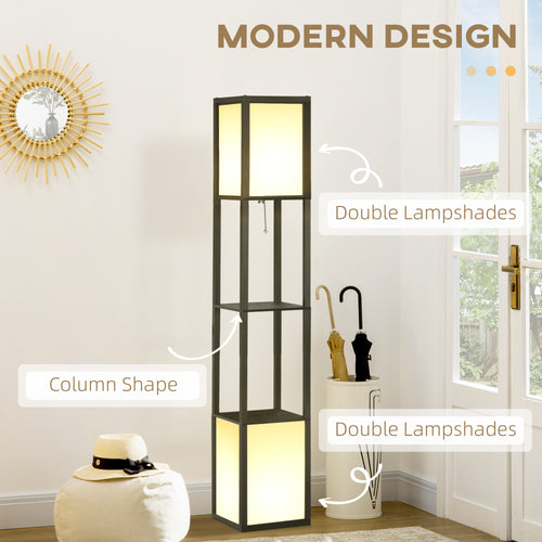 Boho Shelf Floor Lamp with Dual Fabric Shades & Built-In Storage Shelves