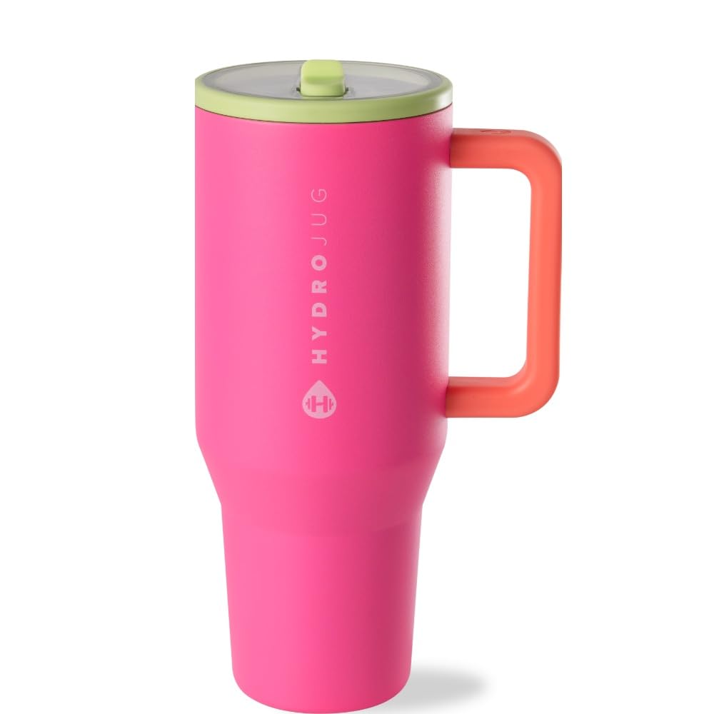 HydroJug Traveler - 32 oz Water Bottle with Handle & Flip Straw - Fits in Cup Holder, Leak Resistant Tumbler-Reusable Insulated Stainless Steel & Rubber Base - Gifts for Women & Men, Pink Sand