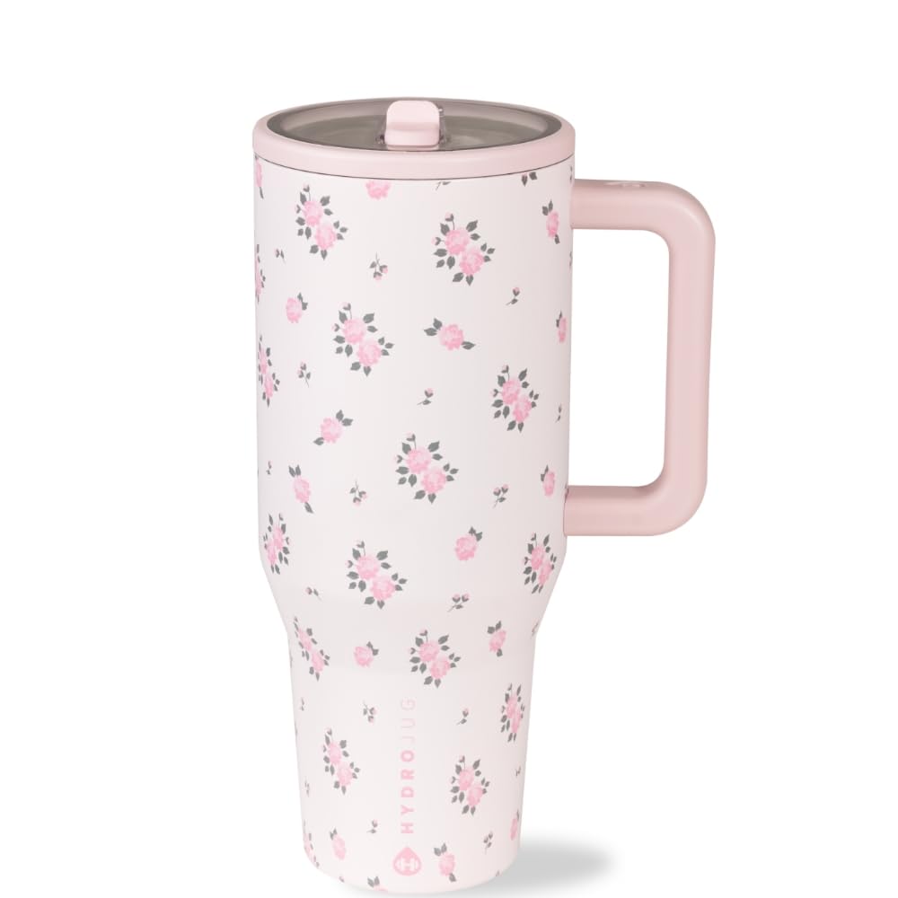 HydroJug Traveler - 32 oz Water Bottle with Handle & Flip Straw - Fits in Cup Holder, Leak Resistant Tumbler-Reusable Insulated Stainless Steel & Rubber Base - Gifts for Women & Men, Pink Sand