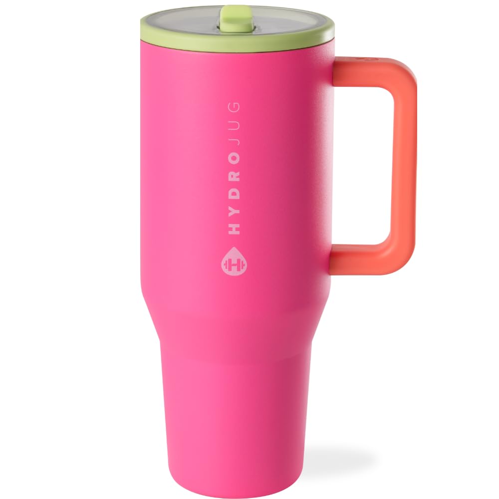 HydroJug Traveler - 32 oz Water Bottle with Handle & Flip Straw - Fits in Cup Holder, Leak Resistant Tumbler-Reusable Insulated Stainless Steel & Rubber Base - Gifts for Women & Men, Pink Sand