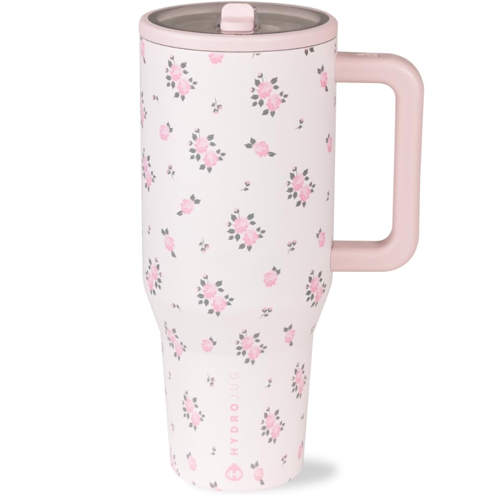 HydroJug Traveler - 32 oz Water Bottle with Handle & Flip Straw - Fits in Cup Holder, Leak Resistant Tumbler-Reusable Insulated Stainless Steel & Rubber Base - Gifts for Women & Men, Pink Sand
