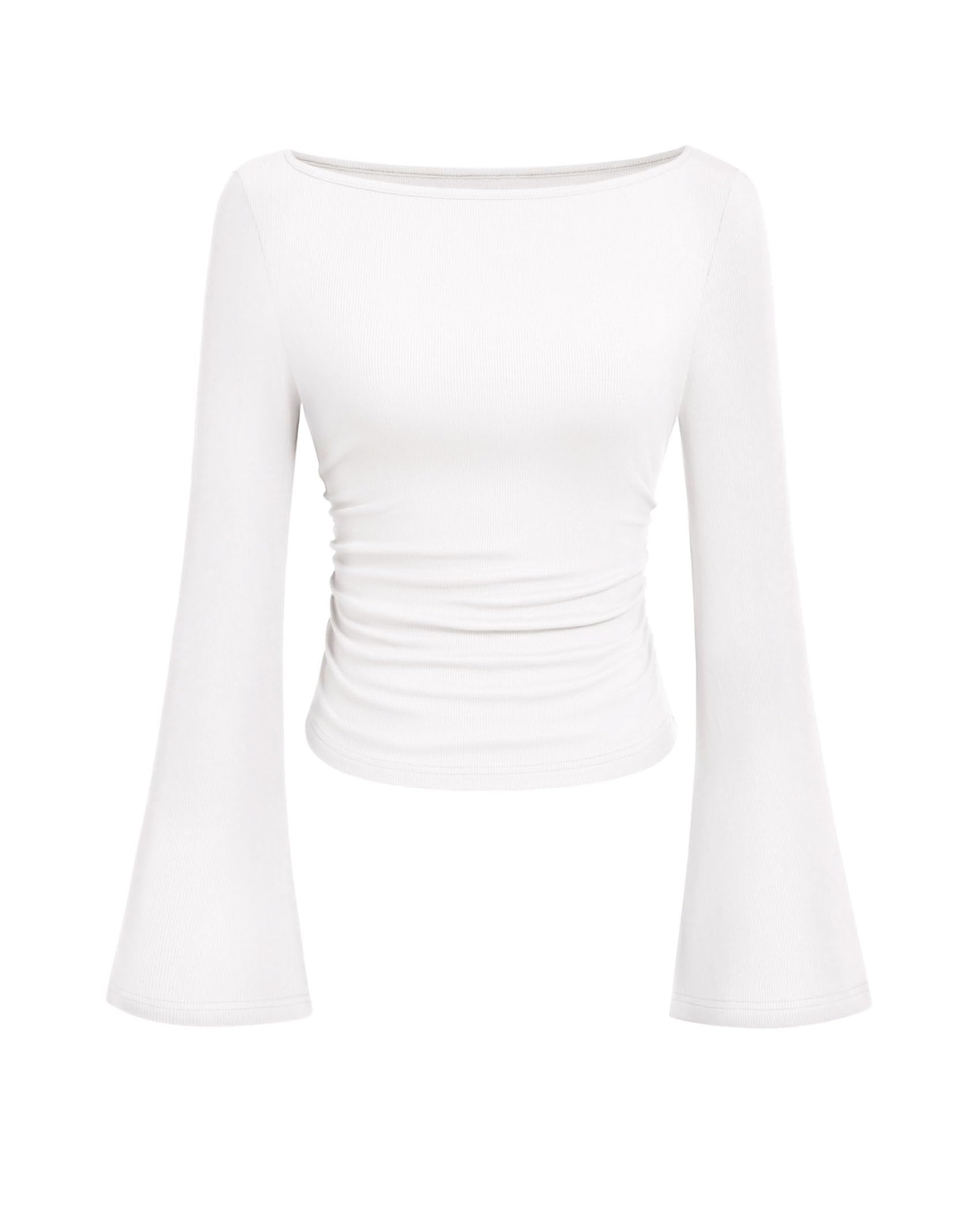 PRETTYGARDEN Womens Long Sleeve Shirts 2026 Spring Crop Going Out Tops Casual Boat Neck Bell Sleeve Ribbed Ruched Y2K Clothes