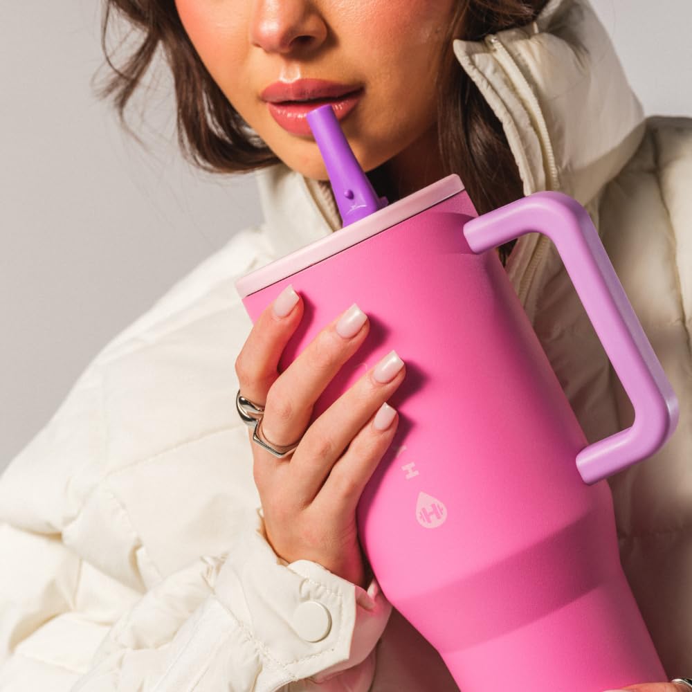 HydroJug Traveler - 32 oz Water Bottle with Handle & Flip Straw - Fits in Cup Holder, Leak Resistant Tumbler-Reusable Insulated Stainless Steel & Rubber Base - Gifts for Women & Men, Pink Sand