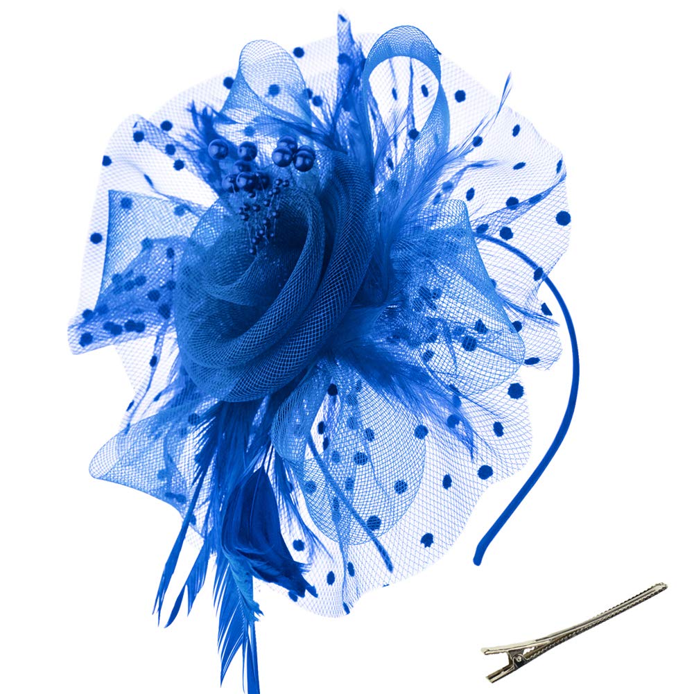 DRESHOW Fascinators Hat Flower Mesh Ribbons Feathers on a Headband and a Clip Tea Party Headwear for Girls and Women