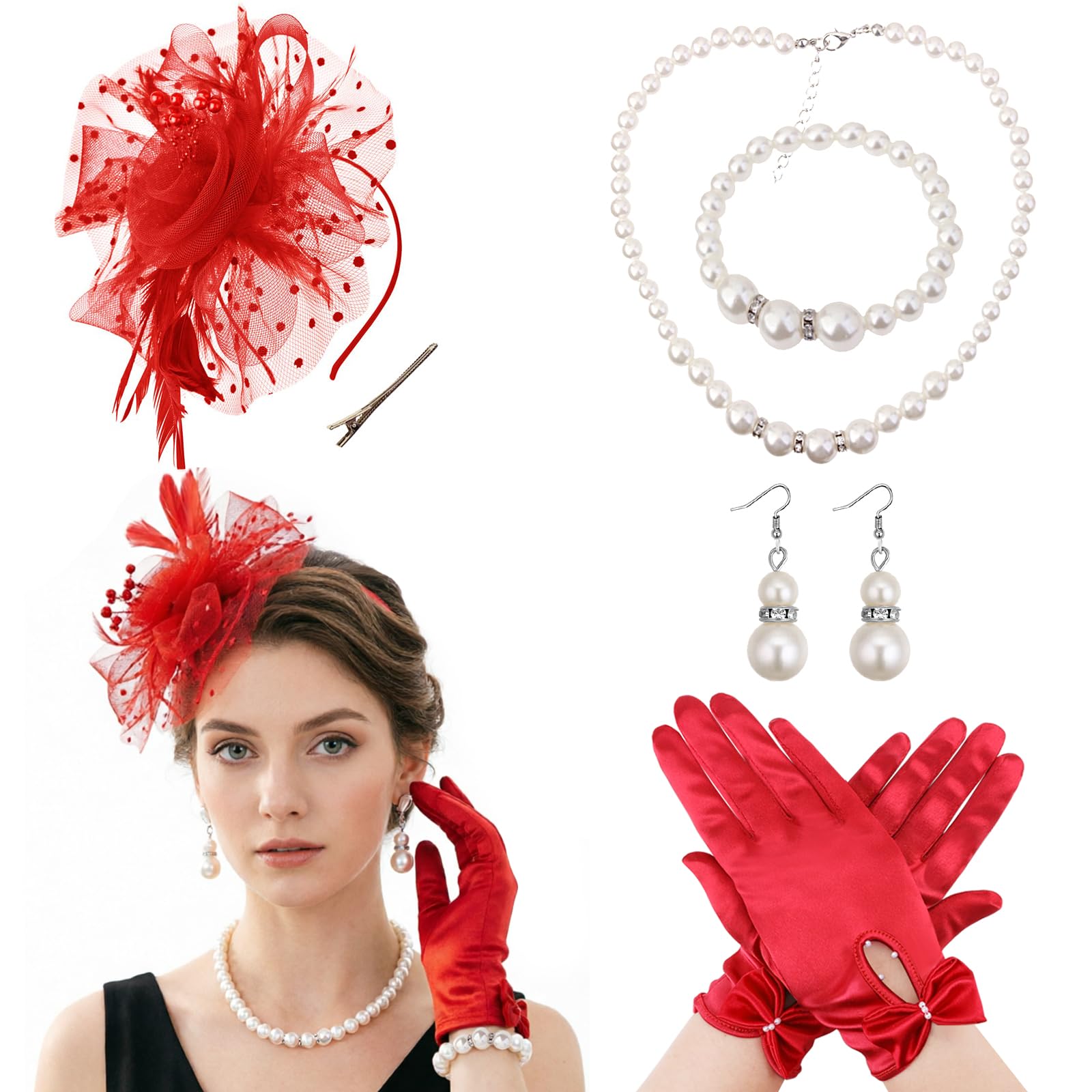 DRESHOW Fascinators Hat Flower Mesh Ribbons Feathers on a Headband and a Clip Tea Party Headwear for Girls and Women