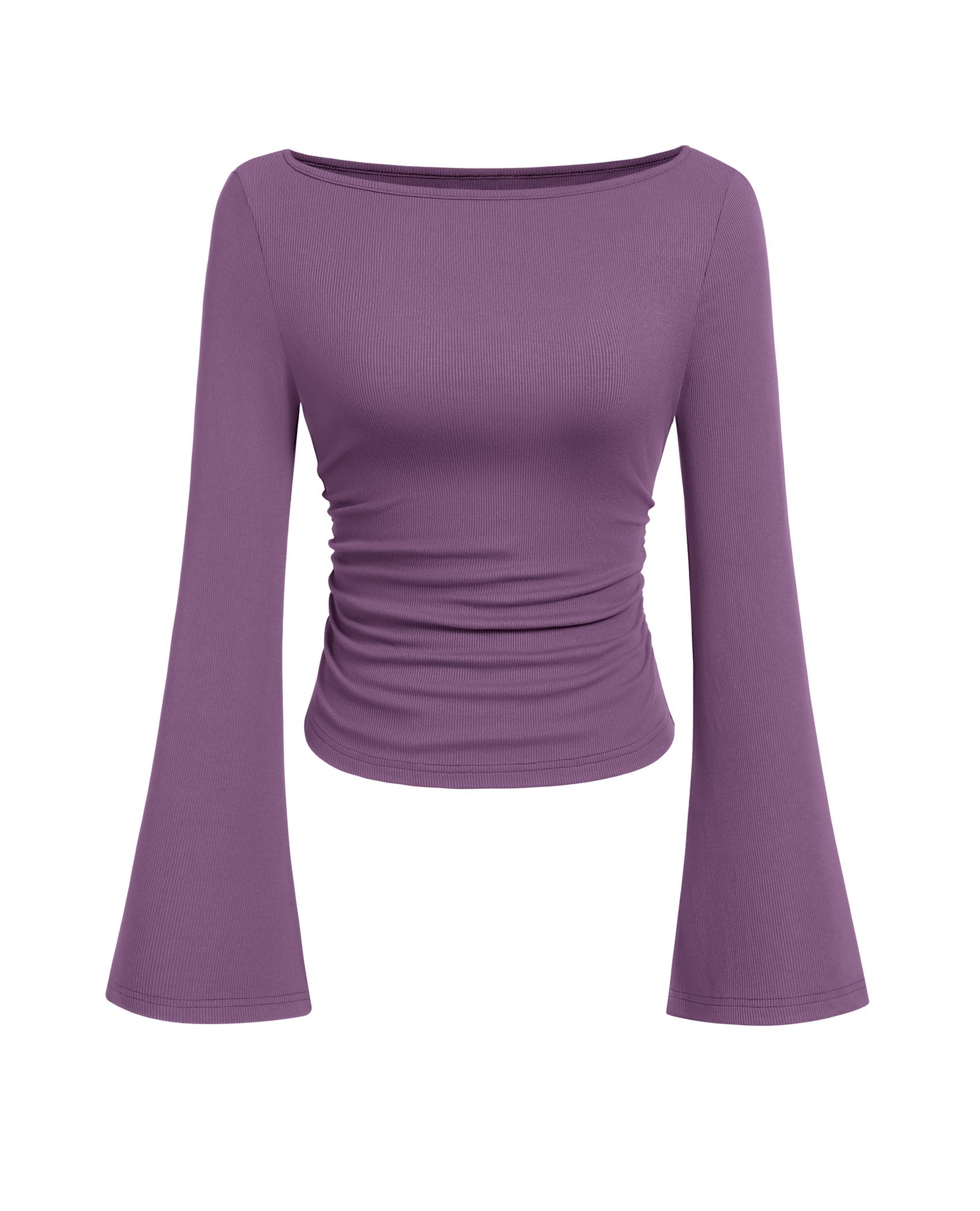 PRETTYGARDEN Womens Long Sleeve Shirts 2026 Spring Crop Going Out Tops Casual Boat Neck Bell Sleeve Ribbed Ruched Y2K Clothes