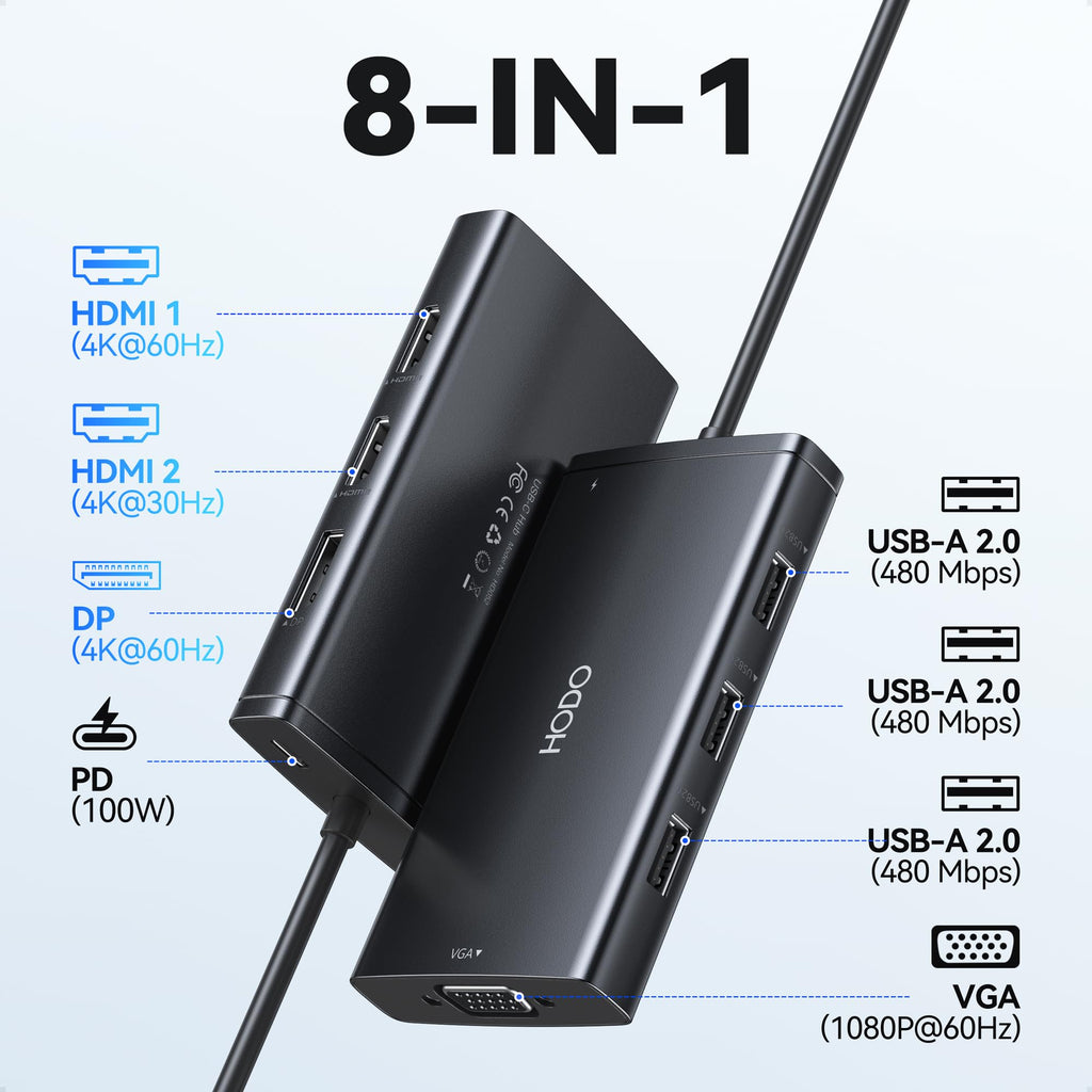 USB C Docking Station Dual Monitor Adapter for Dell HP, Laptop Docking Station 3 Monitors Quad Display USB C Hub Dongle to 4K HDMI+DP+VGA,3 USB2.0,100W PD,8 in 1 Thunderbolt Dock for Lenovo,Surface
