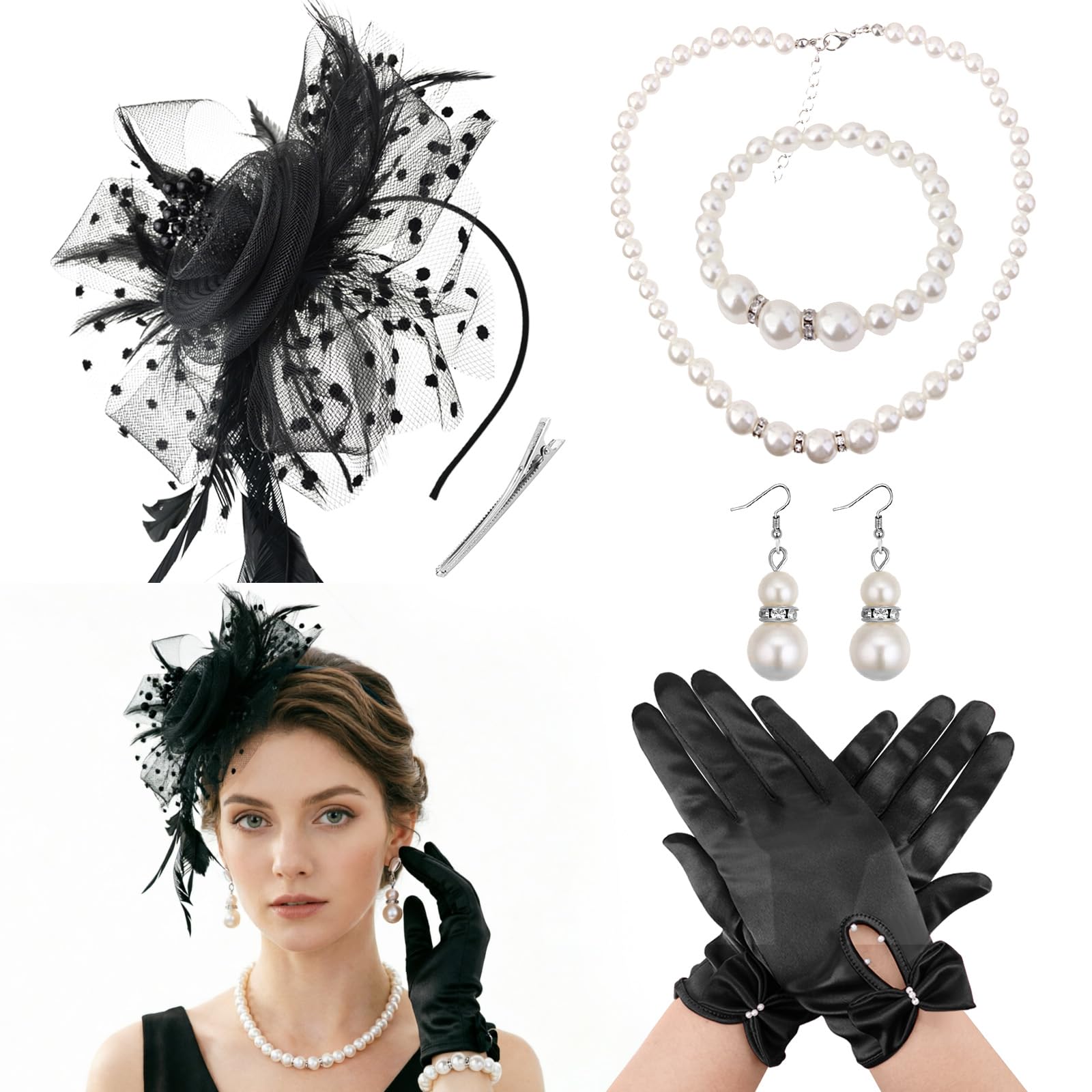 DRESHOW Fascinators Hat Flower Mesh Ribbons Feathers on a Headband and a Clip Tea Party Headwear for Girls and Women