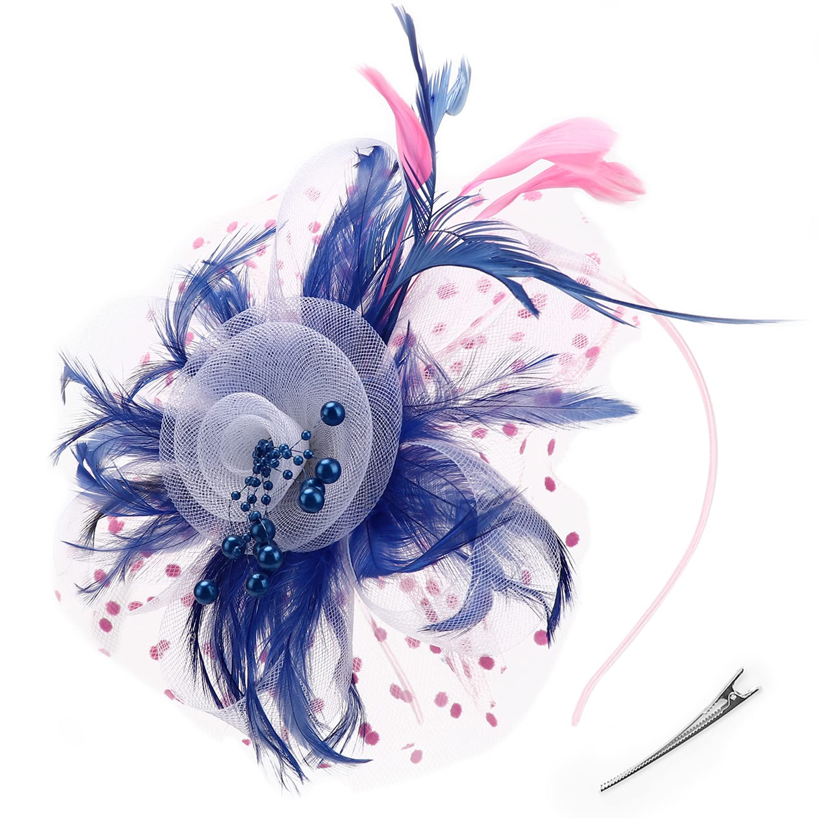 DRESHOW Fascinators Hat Flower Mesh Ribbons Feathers on a Headband and a Clip Tea Party Headwear for Girls and Women