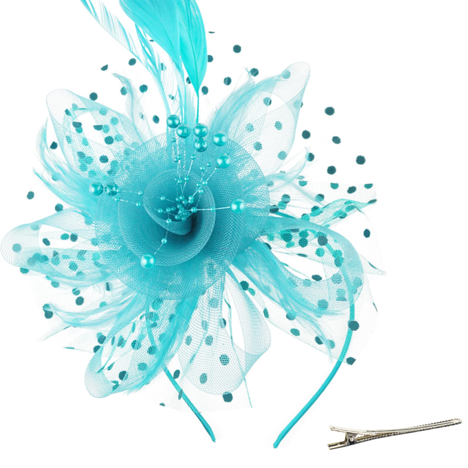 DRESHOW Fascinators Hat Flower Mesh Ribbons Feathers on a Headband and a Clip Tea Party Headwear for Girls and Women