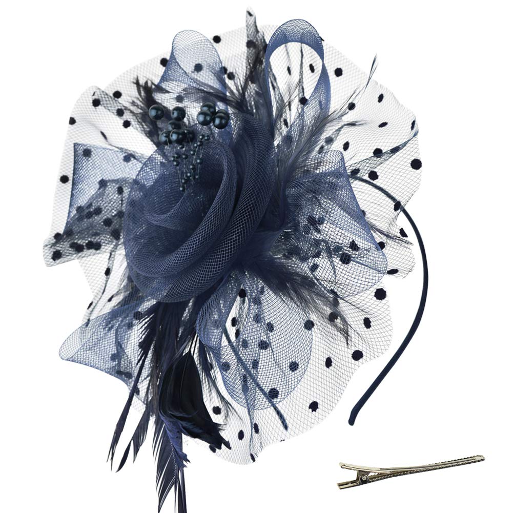 DRESHOW Fascinators Hat Flower Mesh Ribbons Feathers on a Headband and a Clip Tea Party Headwear for Girls and Women