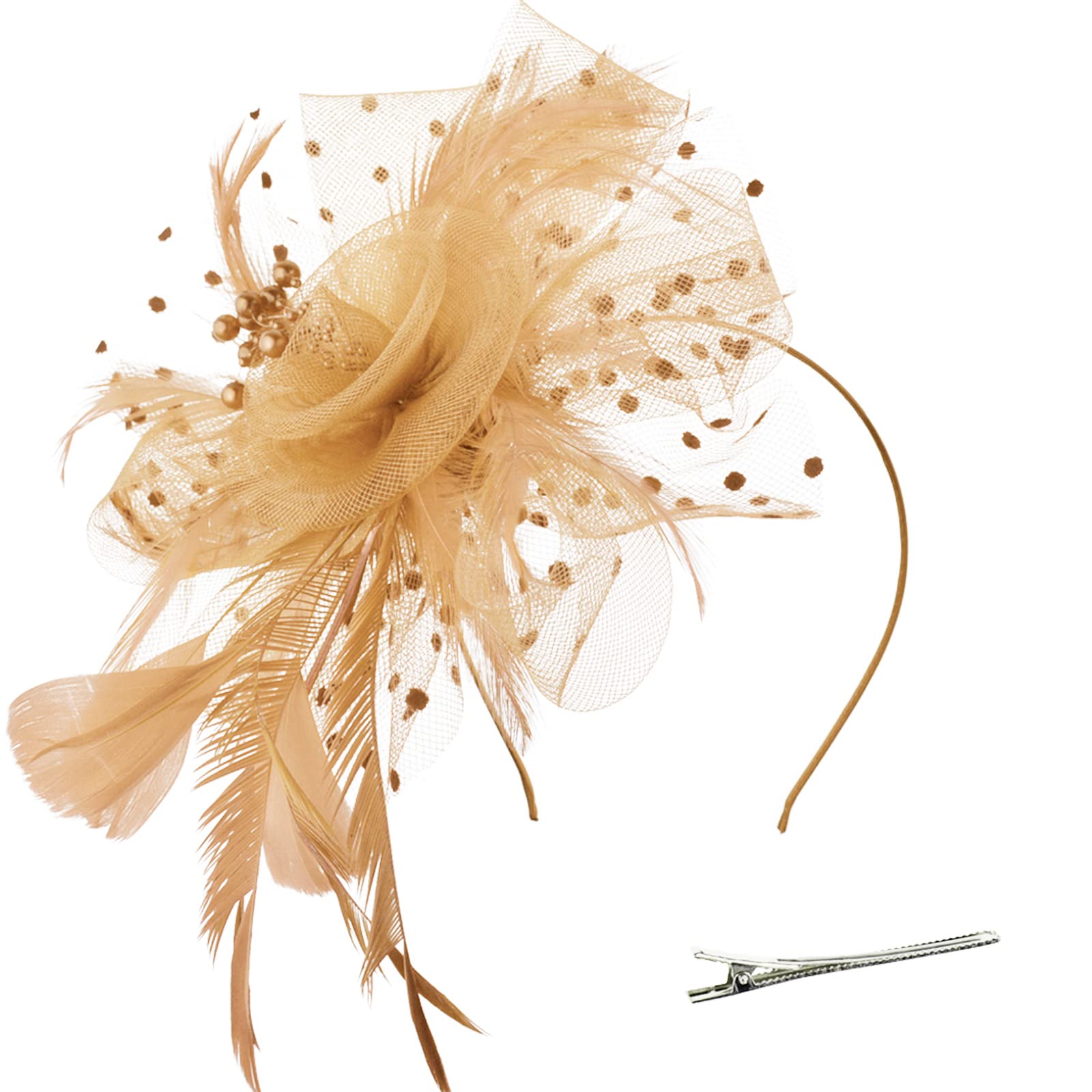 DRESHOW Fascinators Hat Flower Mesh Ribbons Feathers on a Headband and a Clip Tea Party Headwear for Girls and Women