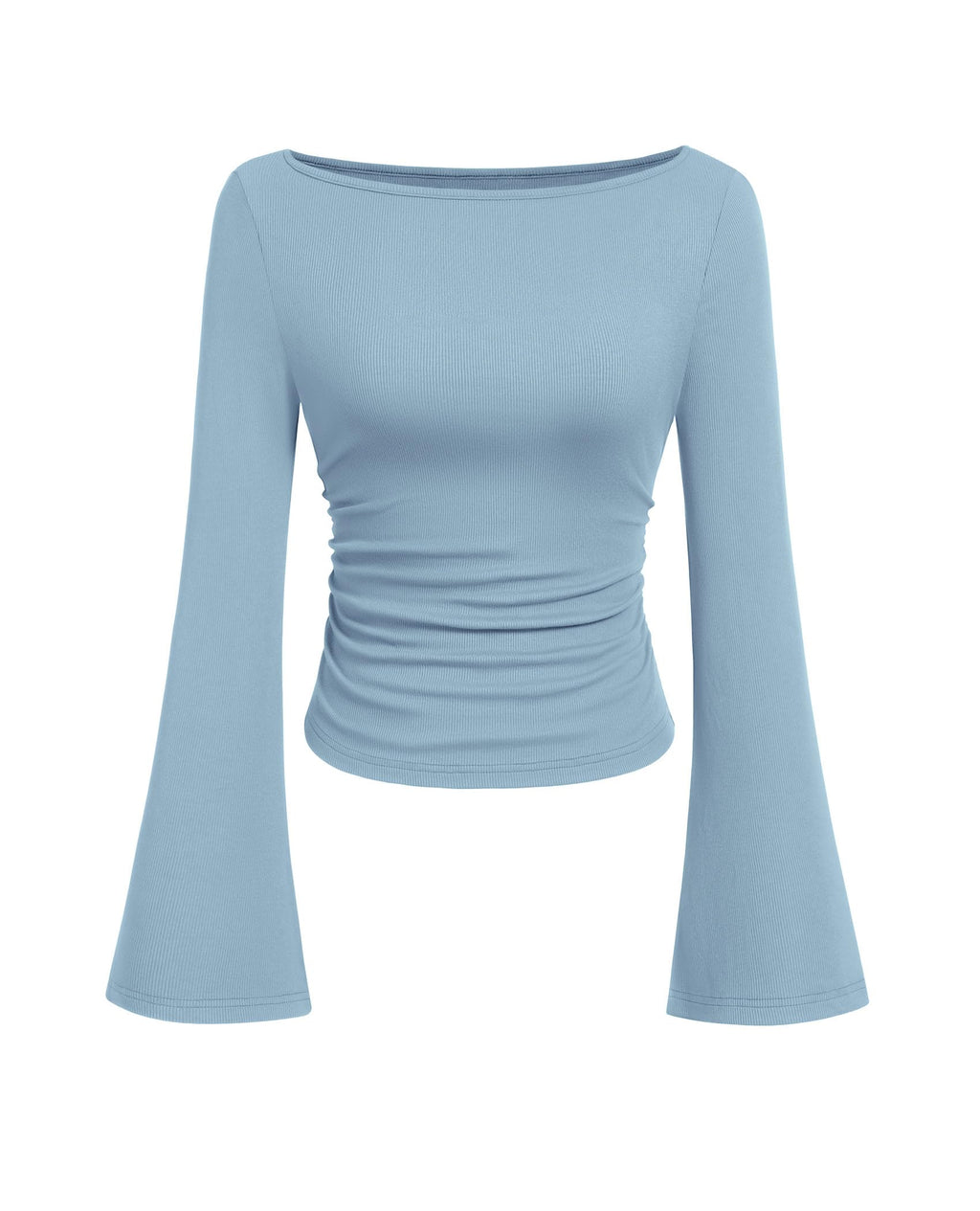 PRETTYGARDEN Womens Long Sleeve Shirts 2026 Spring Crop Going Out Tops Casual Boat Neck Bell Sleeve Ribbed Ruched Y2K Clothes