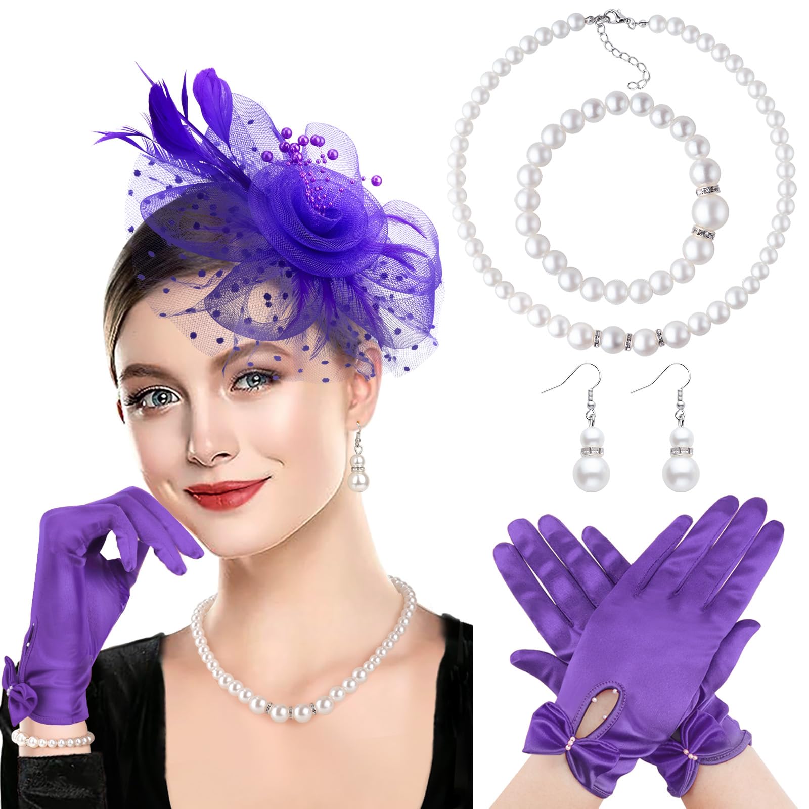 DRESHOW Fascinators Hat Flower Mesh Ribbons Feathers on a Headband and a Clip Tea Party Headwear for Girls and Women