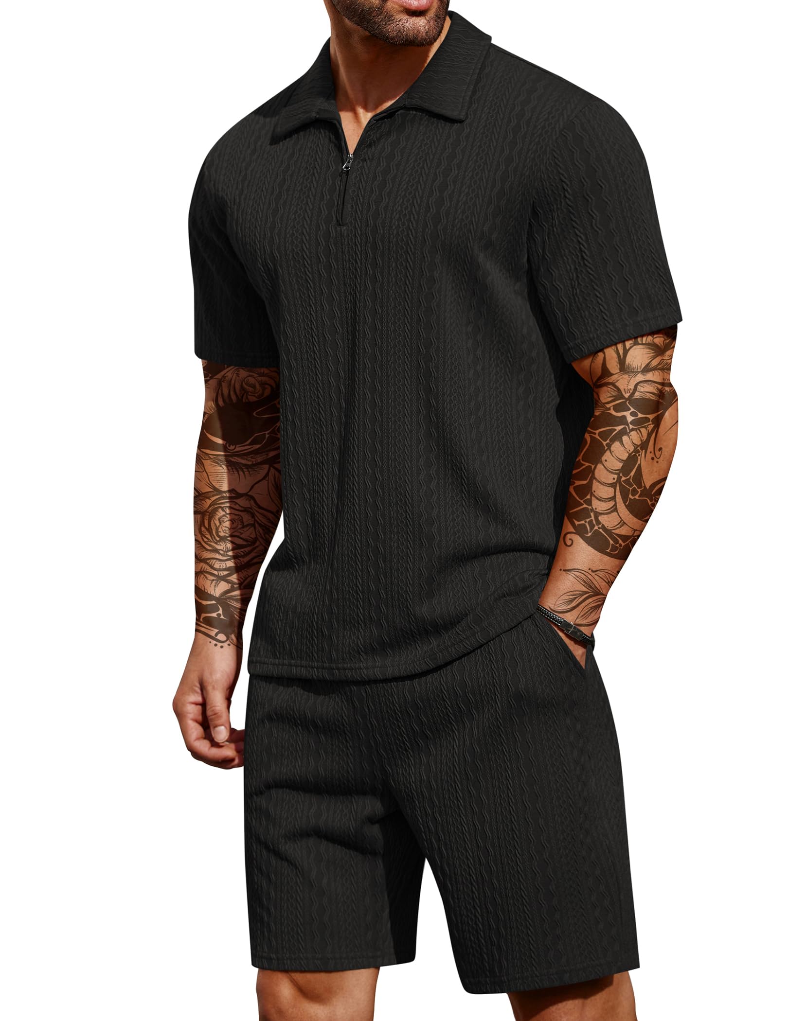 COOFANDY Men's 2 Pieces Outfits Casual Quarter Zip Polo Shirt and Shorts Set Athletic Jogging Summer Tracksuit