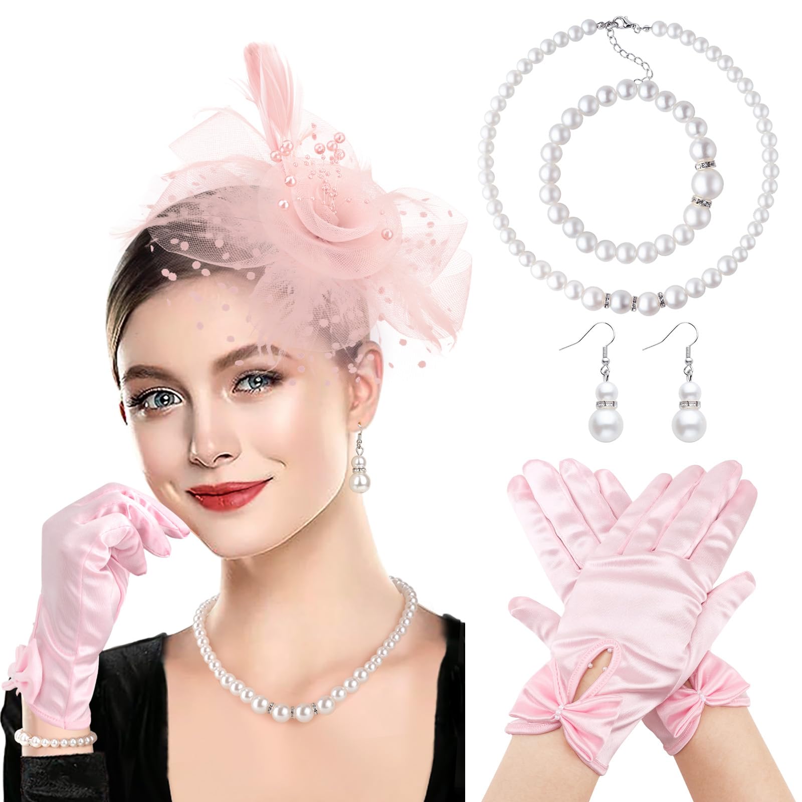 DRESHOW Fascinators Hat Flower Mesh Ribbons Feathers on a Headband and a Clip Tea Party Headwear for Girls and Women