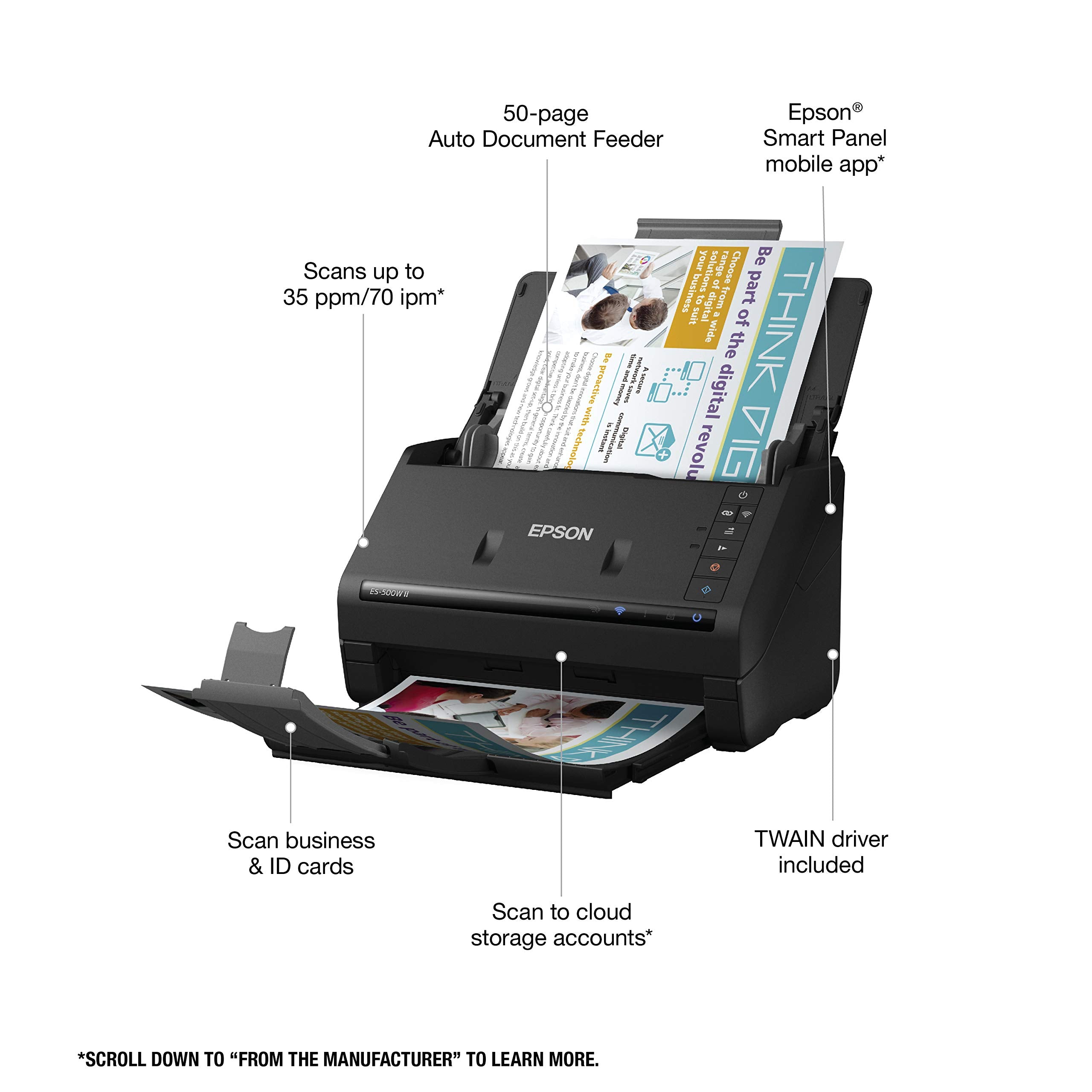 Epson Workforce ES-500W II Wireless Color Duplex Desktop Document Scanner for PCand Mac with Auto Feeder (ADF), Scan from Smartphone or Tablet