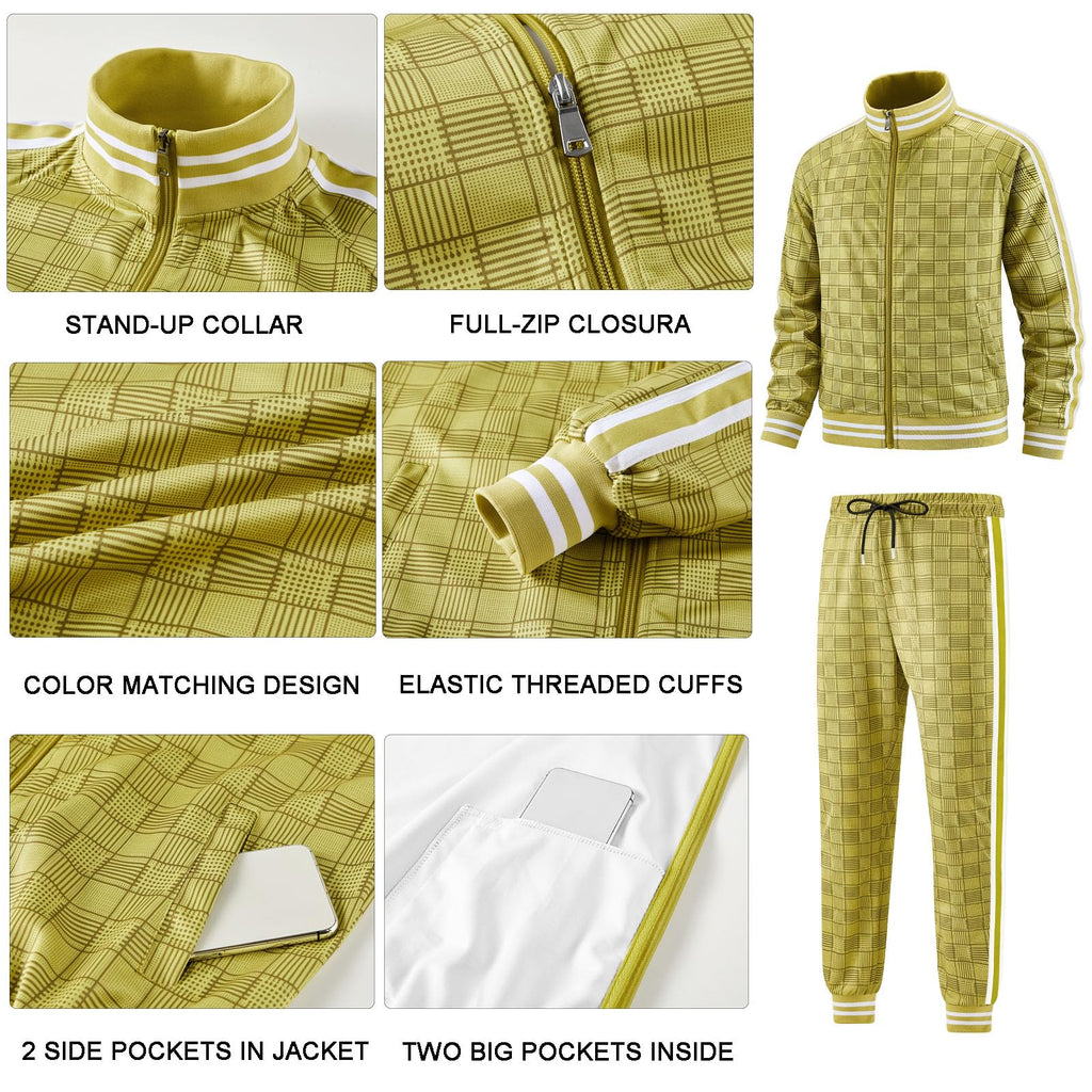 Men Tracksuits Full-zip Long Sleeve Plaid Track Jackets and Pants 2 Piece