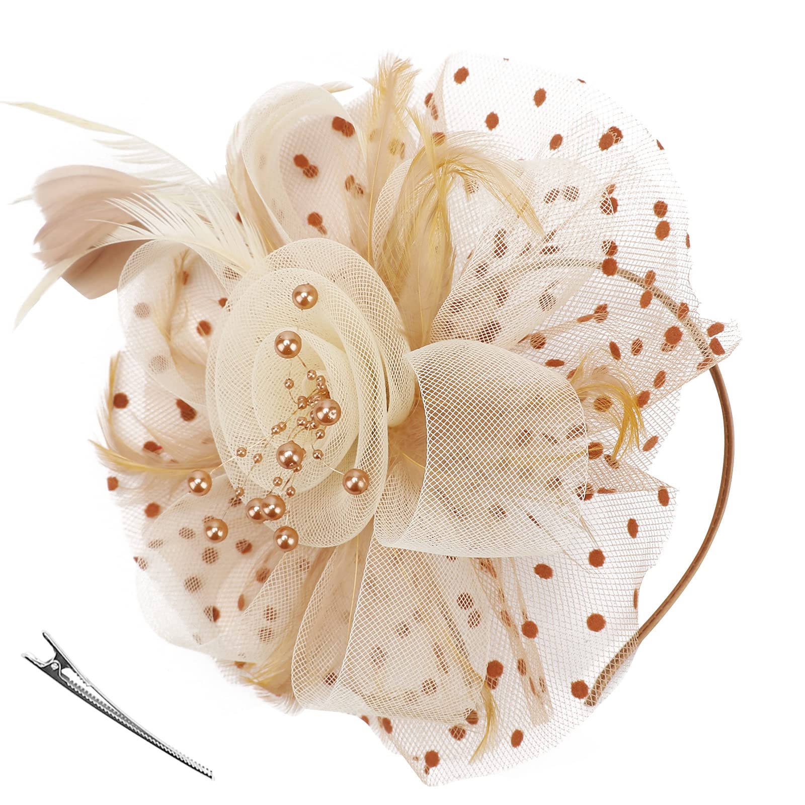 DRESHOW Fascinators Hat Flower Mesh Ribbons Feathers on a Headband and a Clip Tea Party Headwear for Girls and Women