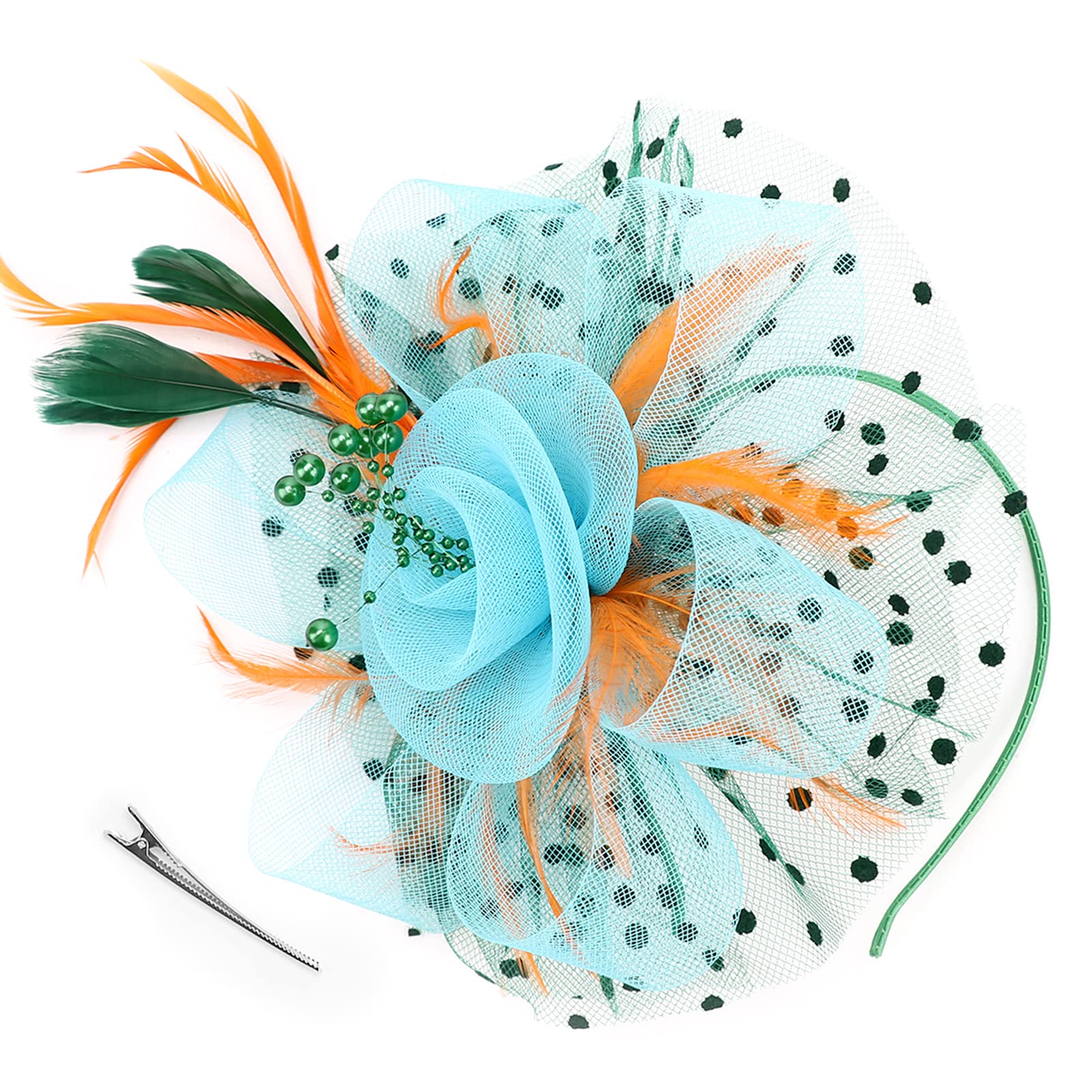 DRESHOW Fascinators Hat Flower Mesh Ribbons Feathers on a Headband and a Clip Tea Party Headwear for Girls and Women