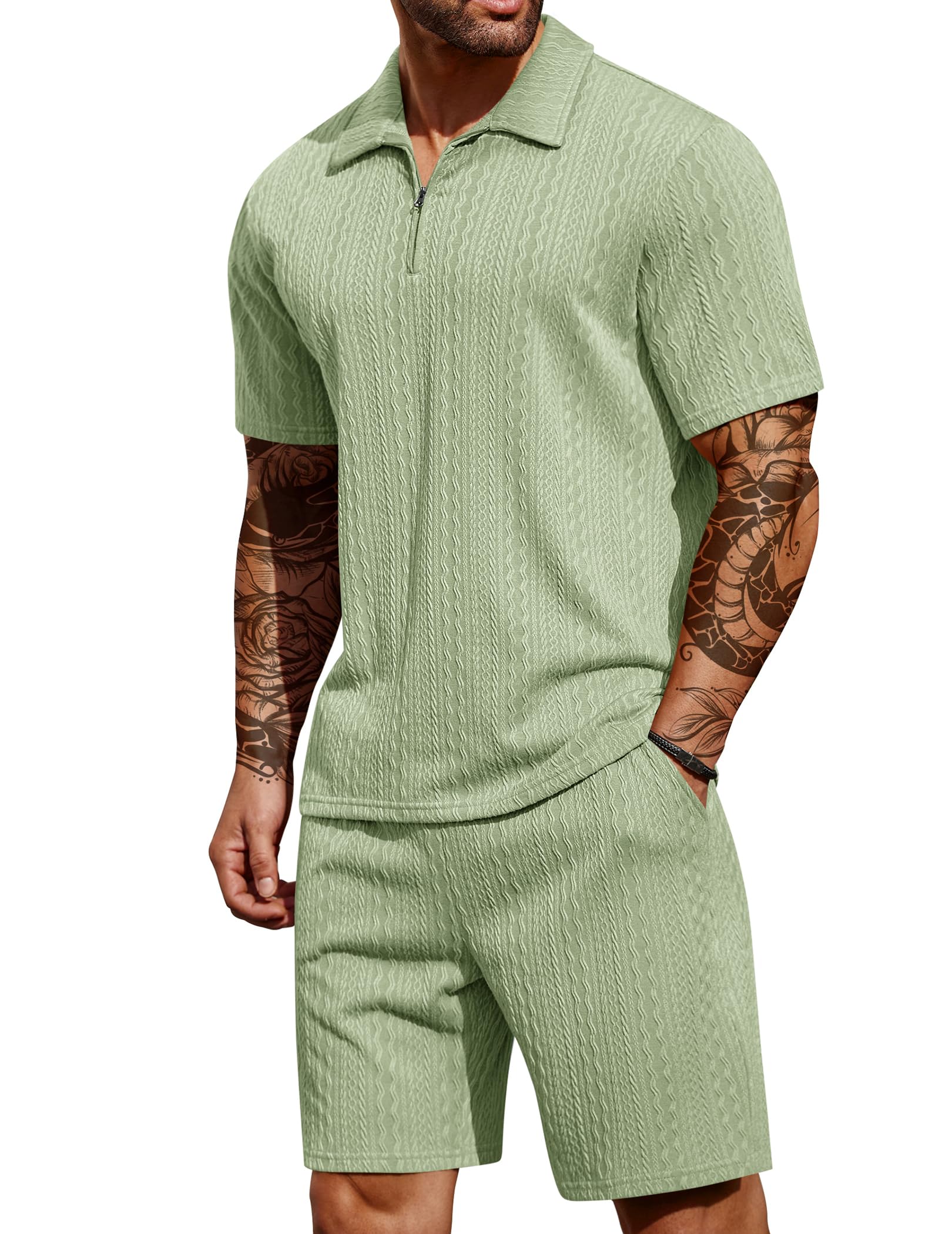 COOFANDY Men's 2 Pieces Outfits Casual Quarter Zip Polo Shirt and Shorts Set Athletic Jogging Summer Tracksuit