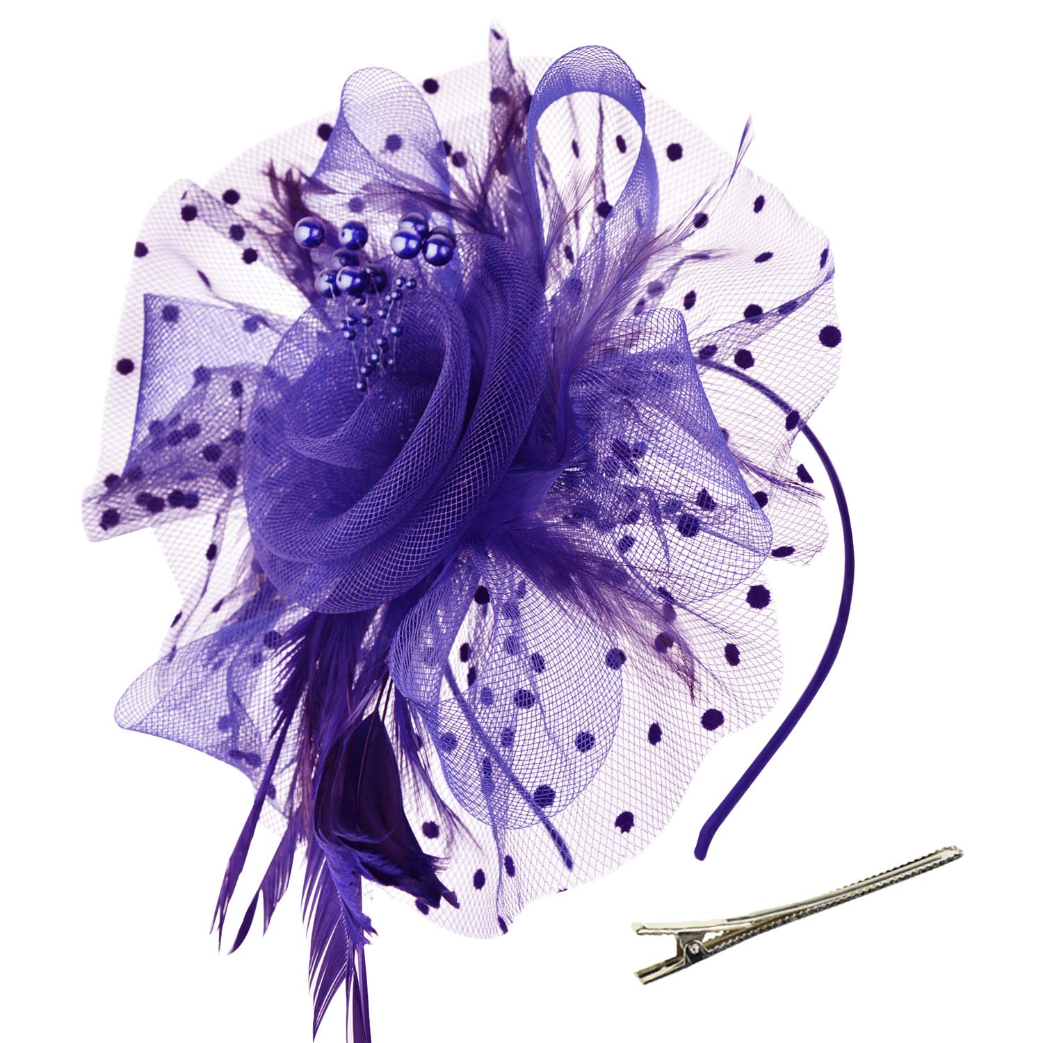 DRESHOW Fascinators Hat Flower Mesh Ribbons Feathers on a Headband and a Clip Tea Party Headwear for Girls and Women