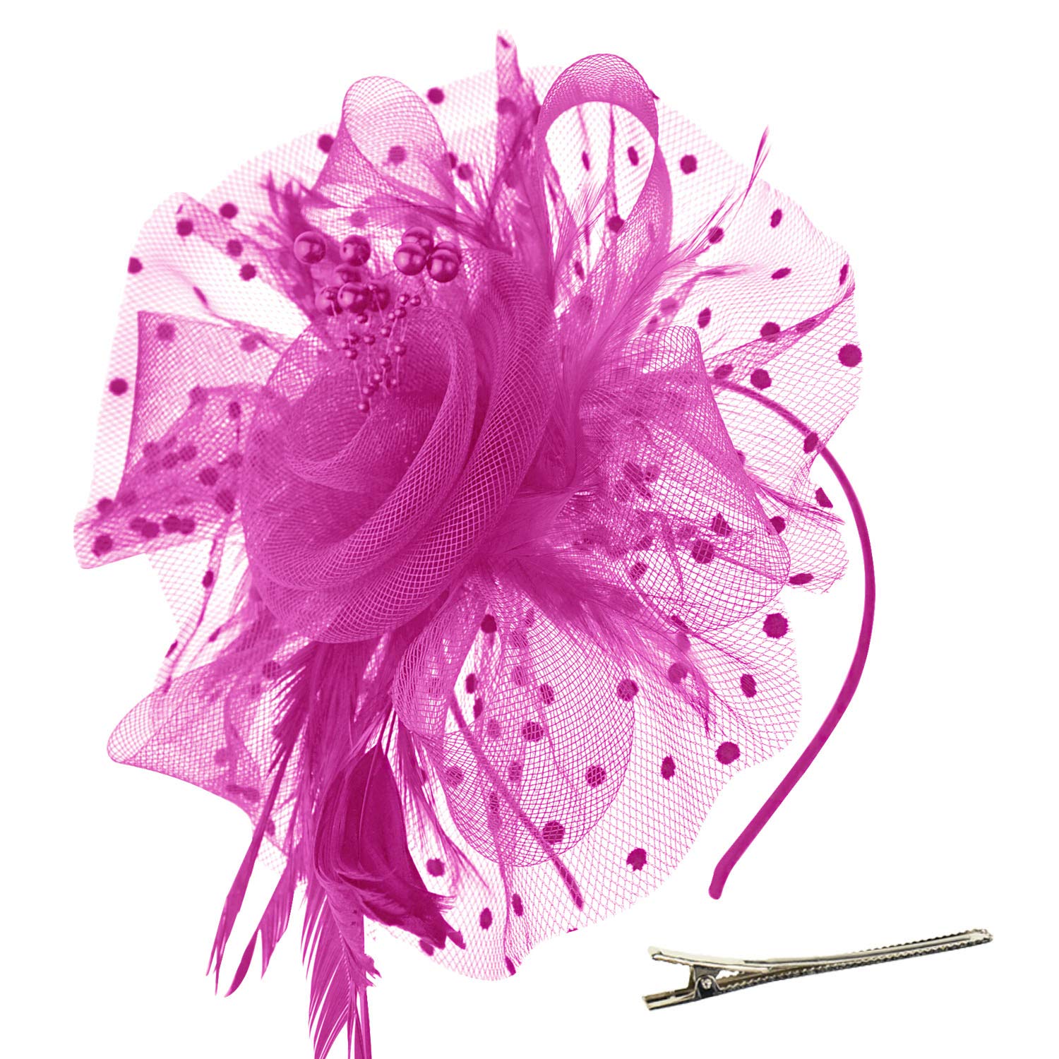 DRESHOW Fascinators Hat Flower Mesh Ribbons Feathers on a Headband and a Clip Tea Party Headwear for Girls and Women