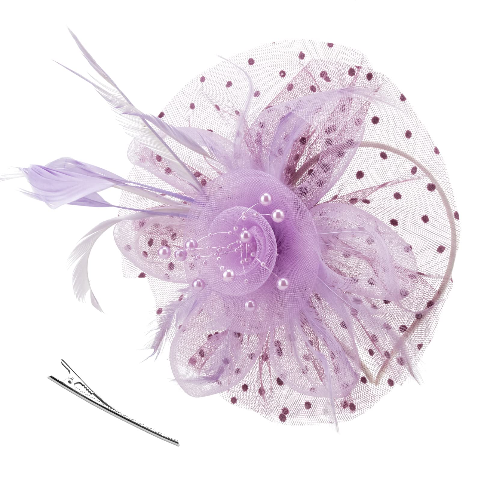 DRESHOW Fascinators Hat Flower Mesh Ribbons Feathers on a Headband and a Clip Tea Party Headwear for Girls and Women