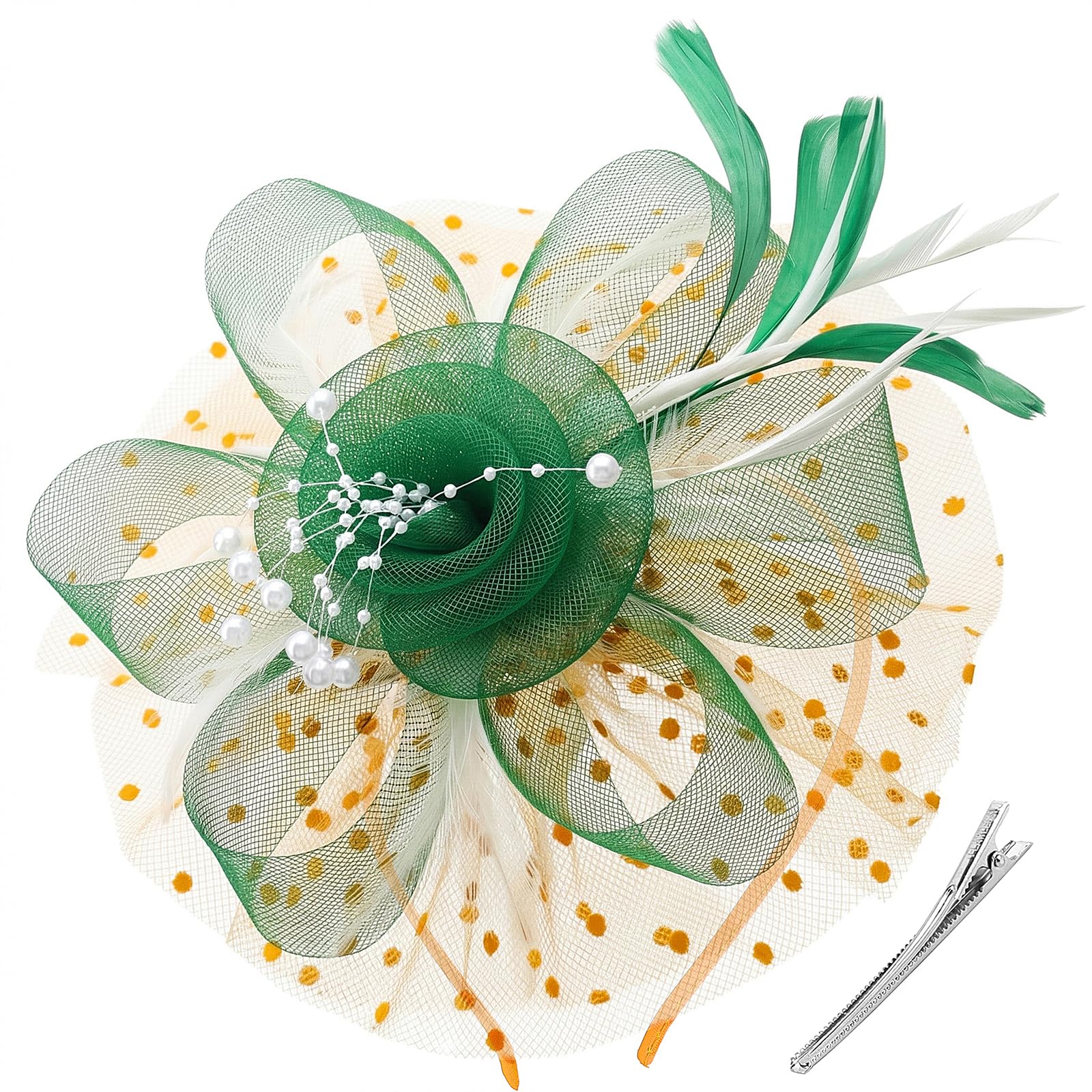 DRESHOW Fascinators Hat Flower Mesh Ribbons Feathers on a Headband and a Clip Tea Party Headwear for Girls and Women