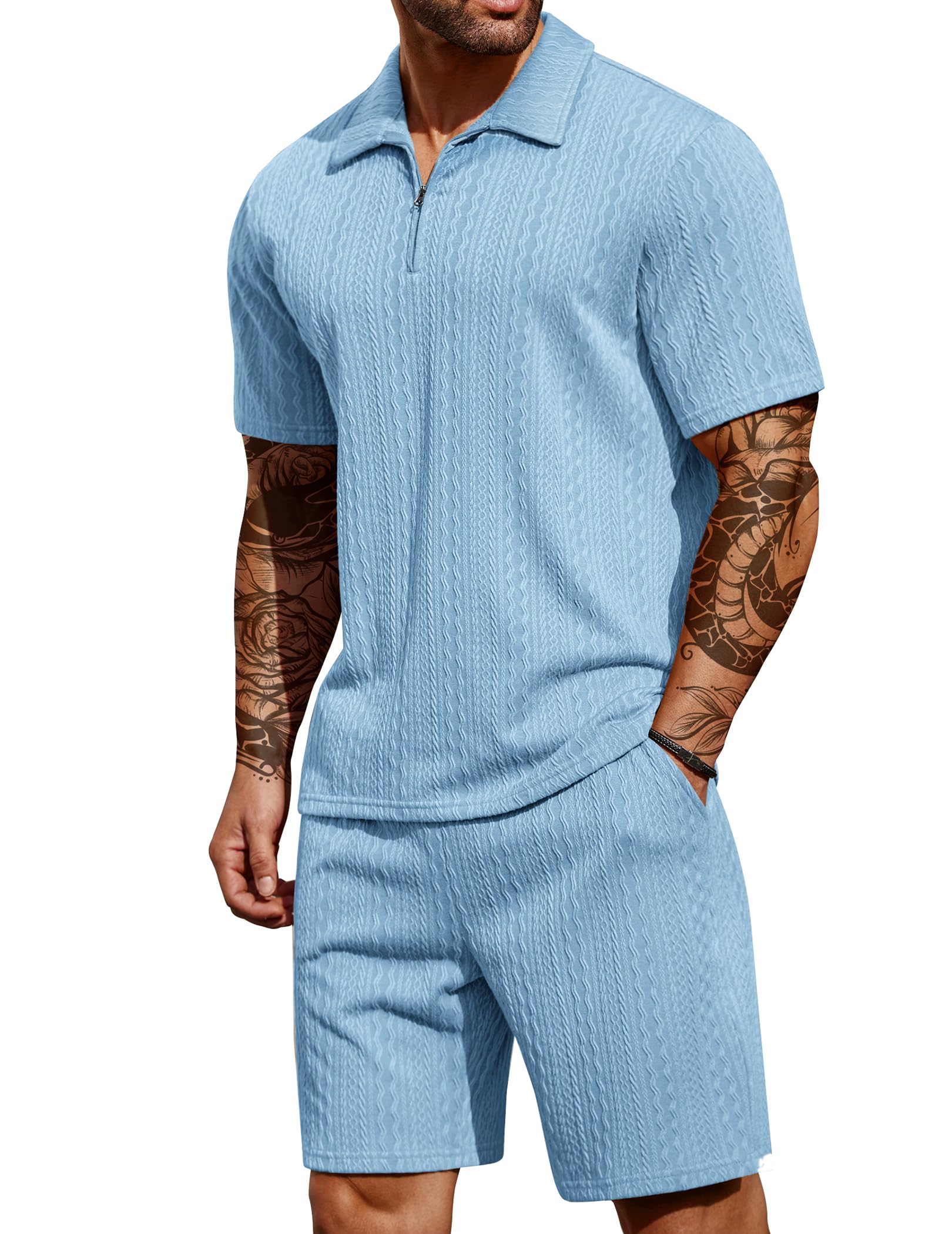 COOFANDY Men's 2 Pieces Outfits Casual Quarter Zip Polo Shirt and Shorts Set Athletic Jogging Summer Tracksuit