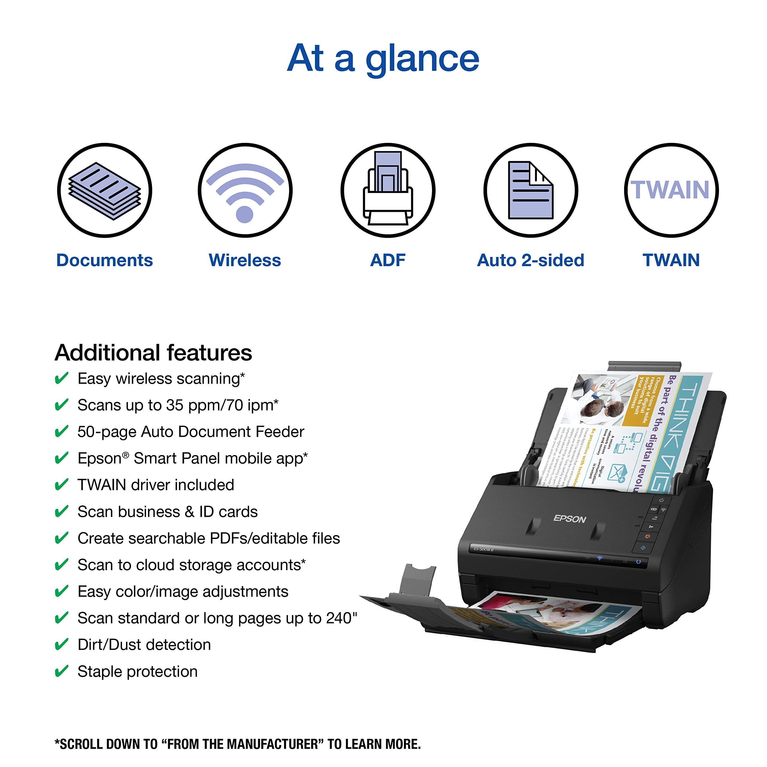 Epson Workforce ES-500W II Wireless Color Duplex Desktop Document Scanner for PCand Mac with Auto Feeder (ADF), Scan from Smartphone or Tablet