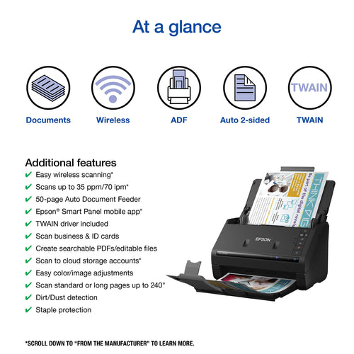 Epson Workforce ES-500W II Wireless Color Duplex Desktop Document Scanner for PCand Mac with Auto Feeder (ADF), Scan from Smartphone or Tablet