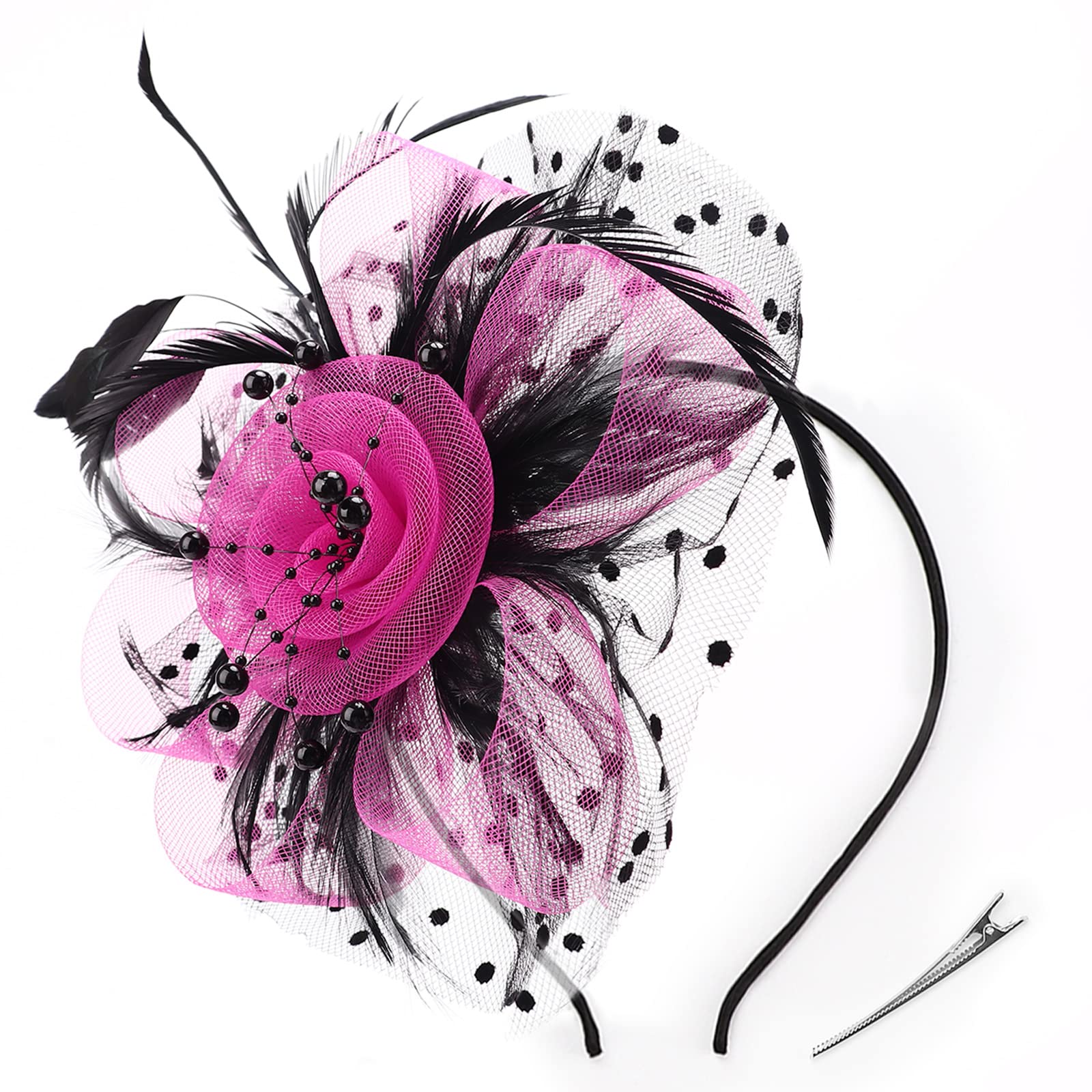 DRESHOW Fascinators Hat Flower Mesh Ribbons Feathers on a Headband and a Clip Tea Party Headwear for Girls and Women