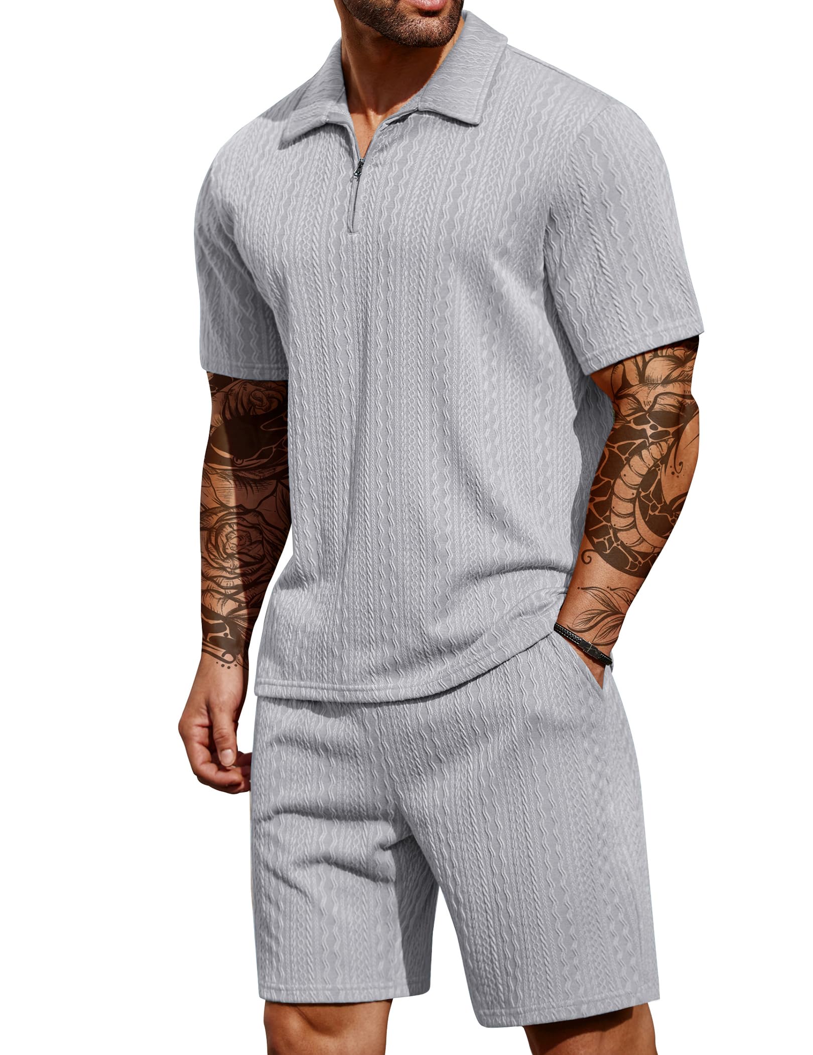 COOFANDY Men's 2 Pieces Outfits Casual Quarter Zip Polo Shirt and Shorts Set Athletic Jogging Summer Tracksuit