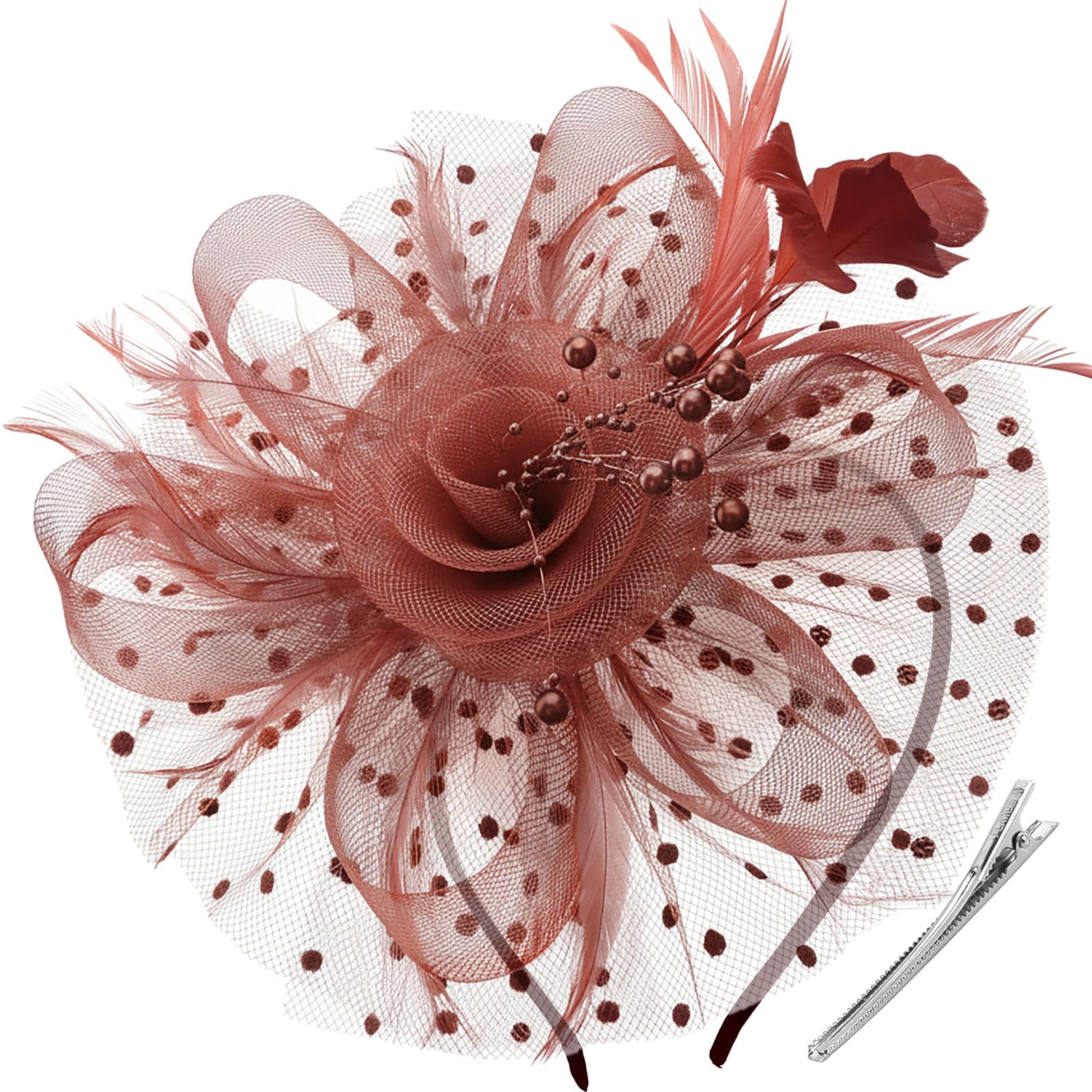 DRESHOW Fascinators Hat Flower Mesh Ribbons Feathers on a Headband and a Clip Tea Party Headwear for Girls and Women