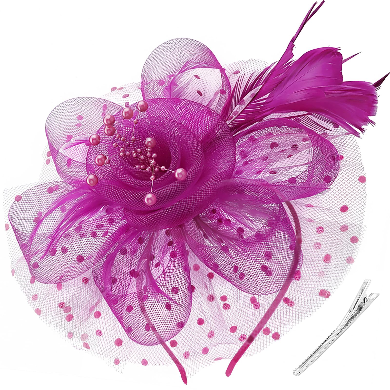 DRESHOW Fascinators Hat Flower Mesh Ribbons Feathers on a Headband and a Clip Tea Party Headwear for Girls and Women