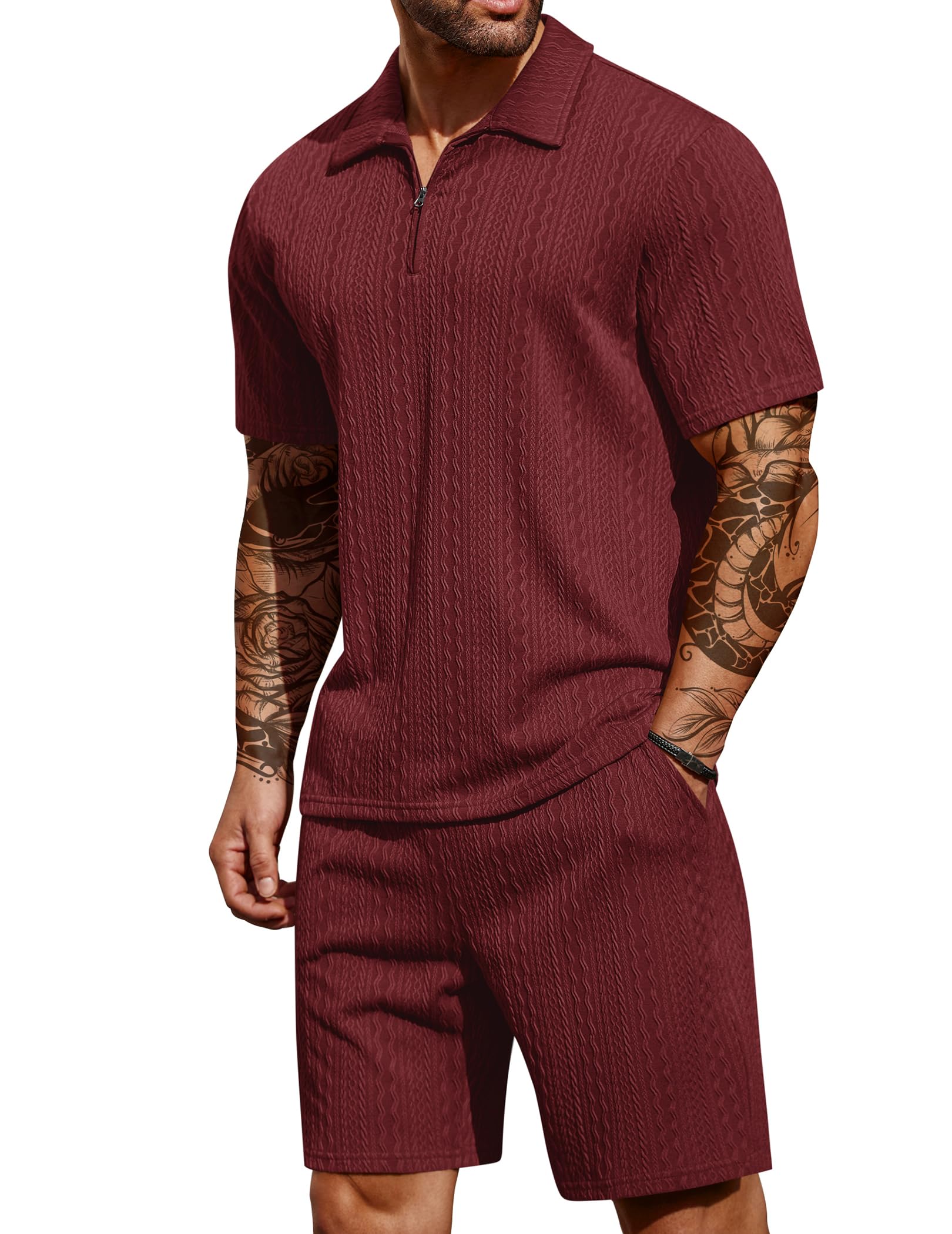 COOFANDY Men's 2 Pieces Outfits Casual Quarter Zip Polo Shirt and Shorts Set Athletic Jogging Summer Tracksuit
