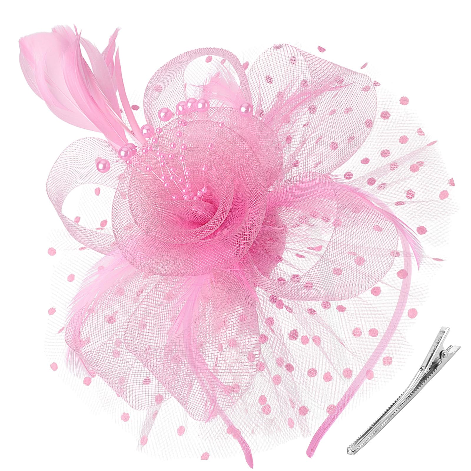 DRESHOW Fascinators Hat Flower Mesh Ribbons Feathers on a Headband and a Clip Tea Party Headwear for Girls and Women
