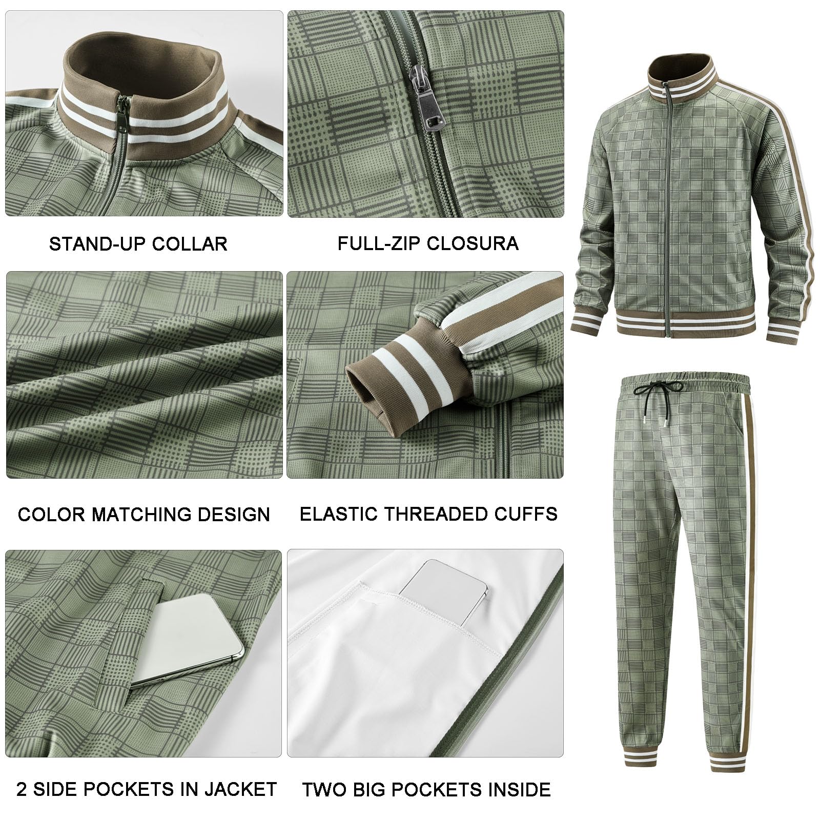 Men Tracksuits Full-zip Long Sleeve Plaid Track Jackets and Pants 2 Piece