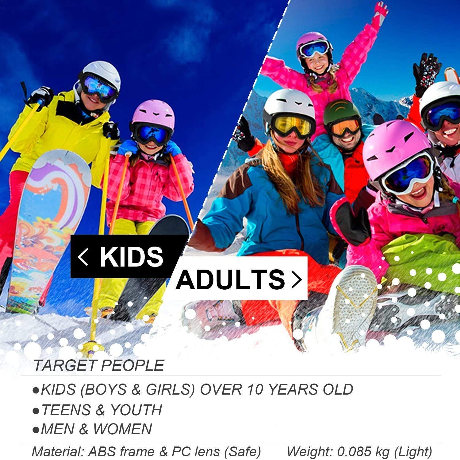 COOLOO Ski Goggles, 2 Pack Snow Goggles Snowboard Goggles for Men Women Kids - UV Protection Foam Anti-Scratch Dustproof