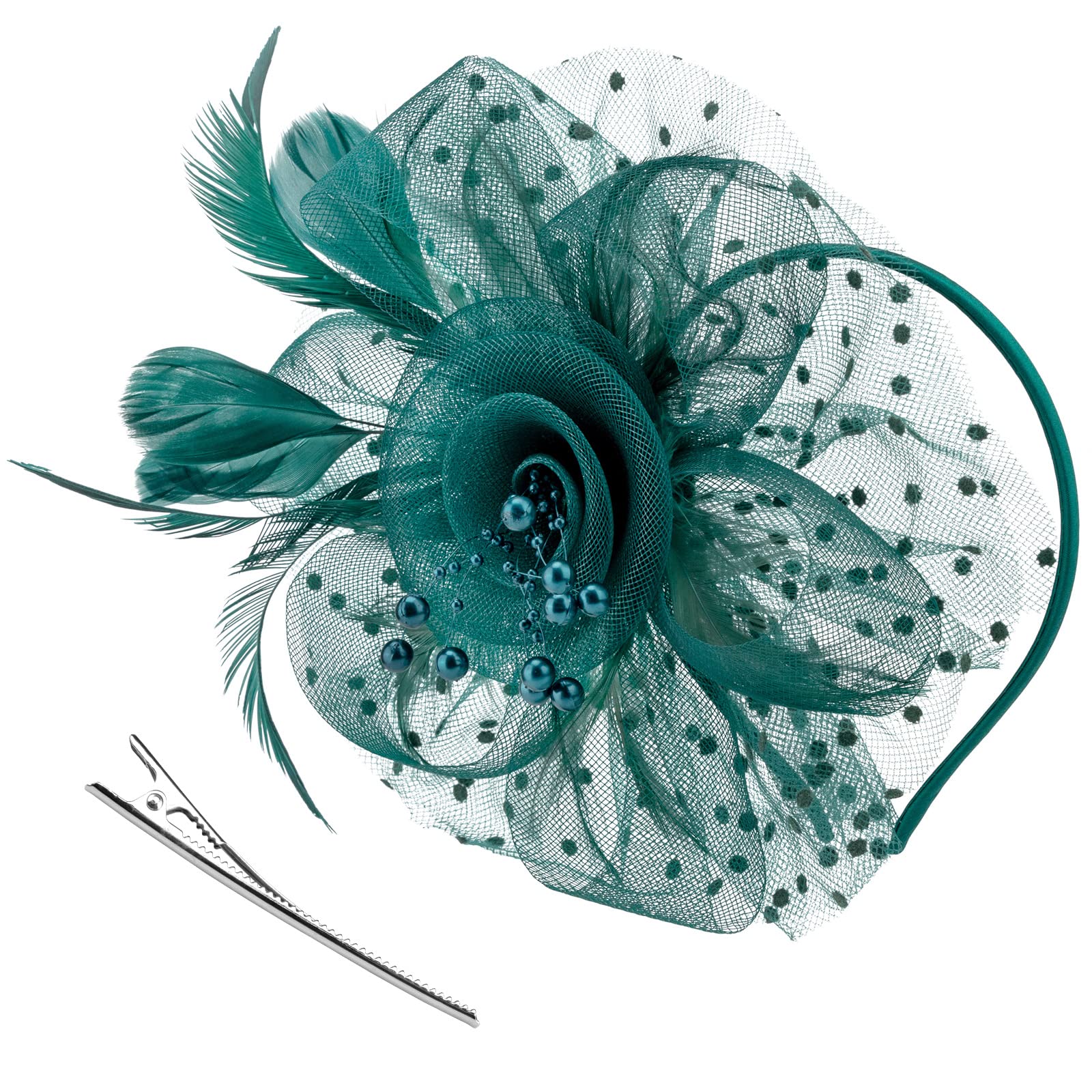 DRESHOW Fascinators Hat Flower Mesh Ribbons Feathers on a Headband and a Clip Tea Party Headwear for Girls and Women
