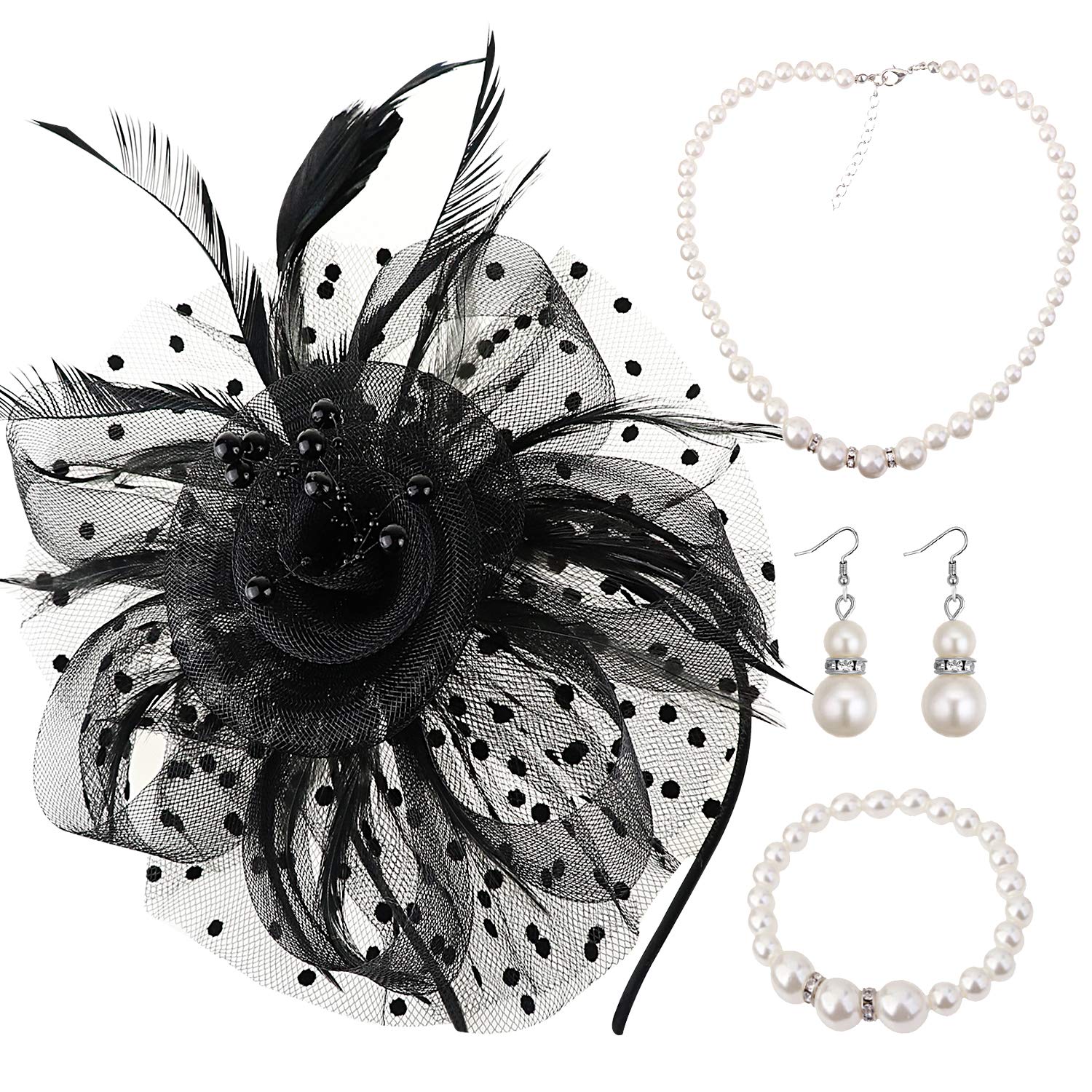 DRESHOW Fascinators Hat Flower Mesh Ribbons Feathers on a Headband and a Clip Tea Party Headwear for Girls and Women