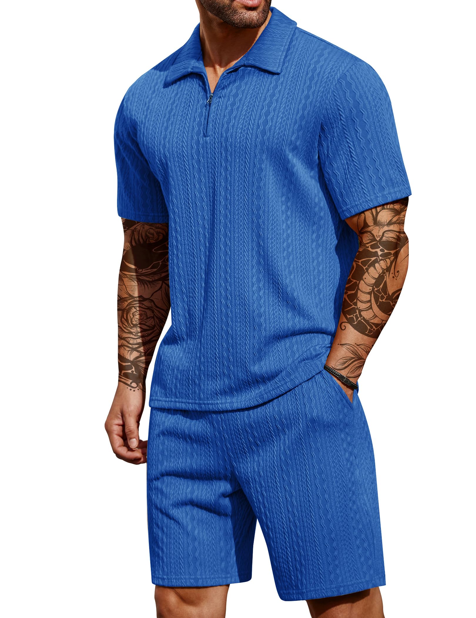 COOFANDY Men's 2 Pieces Outfits Casual Quarter Zip Polo Shirt and Shorts Set Athletic Jogging Summer Tracksuit