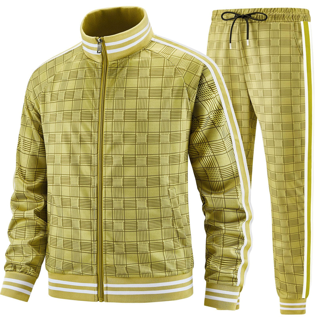 Men Tracksuits Full-zip Long Sleeve Plaid Track Jackets and Pants 2 Piece