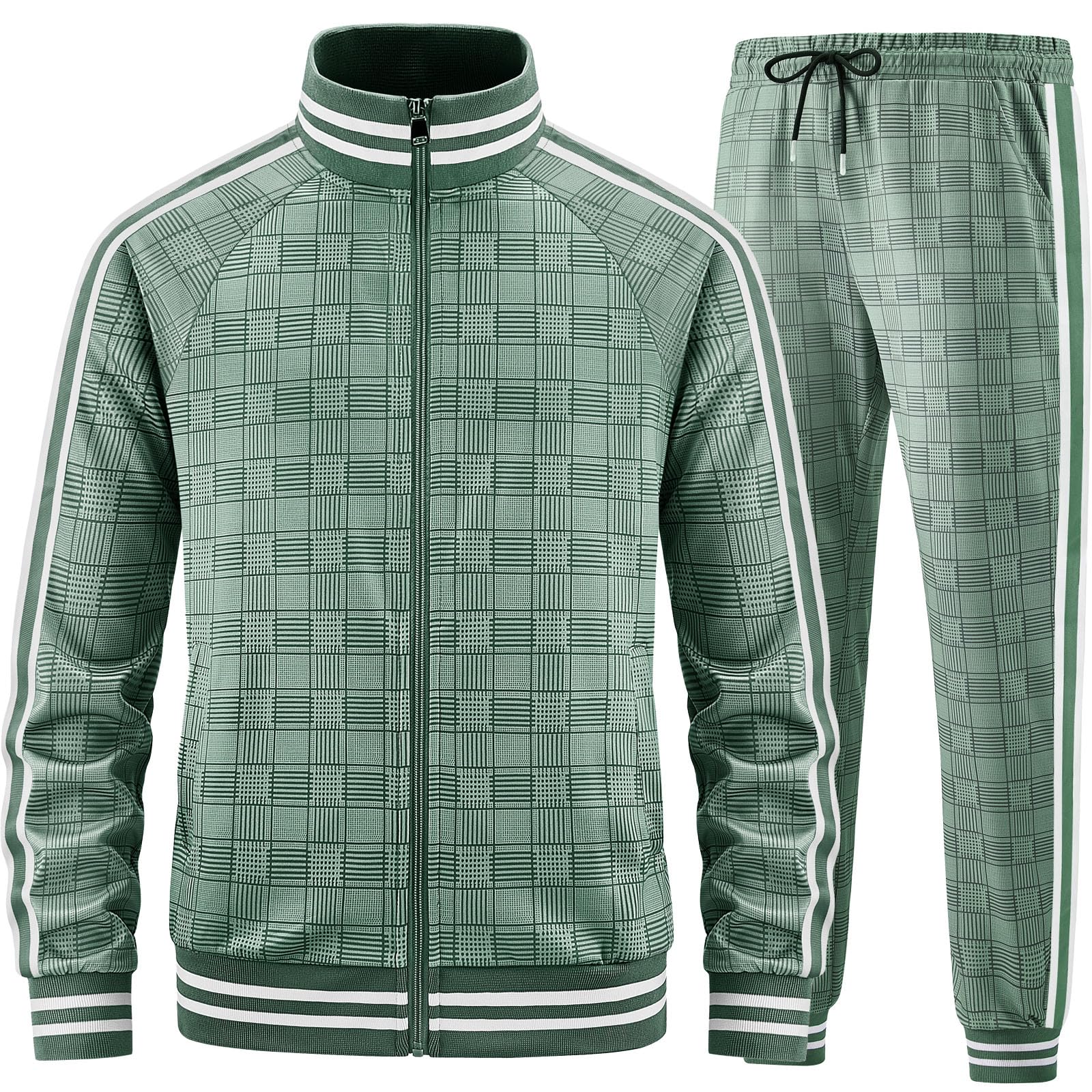 Men Tracksuits Full-zip Long Sleeve Plaid Track Jackets and Pants 2 Piece