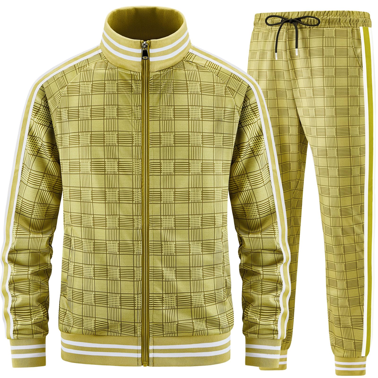 Men Tracksuits Full-zip Long Sleeve Plaid Track Jackets and Pants 2 Piece