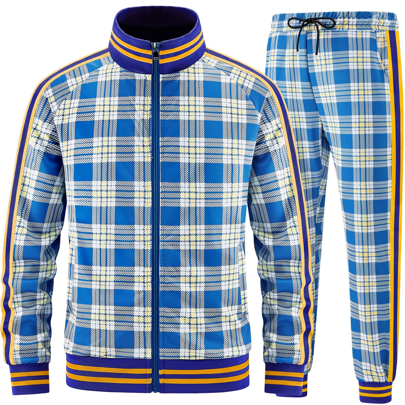 Men Tracksuits Full-zip Long Sleeve Plaid Track Jackets and Pants 2 Piece