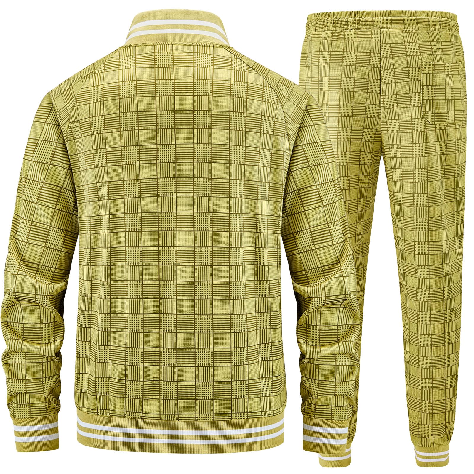 Men Tracksuits Full-zip Long Sleeve Plaid Track Jackets and Pants 2 Piece